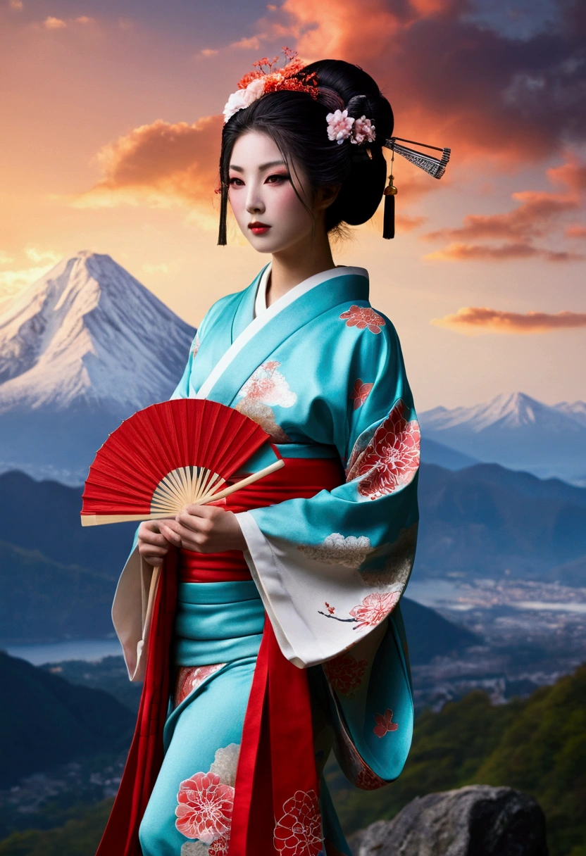 super huge mountain、The Alps、Nice views、Wonderful nature、Fantasy、Huge waterfall、High resolution、Highest quality、Masterpiece, Highest quality,One girl, Long Hair, hair bow, , alone, hair band, bird, Black Hair, Short sleeve, gloves, sash, pants, bangs, red hair band, arms, chest, Brown eyes, colorful kimono, Confused, A light smile, Official Art, Good composition, Official pose, detailed Portraiture, Portraiture, bokeh, Clouds and mountains background, warrior,, High resolution, Dramatic lighting and shadows, Solar flare, Blurred foreground 24k,High quality masterpiece, landscape, cloud, Bright starry sky. Traveler, Romantic Light, sexy pose , Concept Art, Lofi Art Style, reflection. Roffie Art, Beautiful , Detailed landscape — width 672, Enhanced Details. change, Leprechaun,A woman in a kimono holding a folding fan and a uchiwa fan, Traditional Japanese, Japanese style, Japanese Goddess, glamorous and sexy geisha, Traditional beauty, in kimono, geisha, beauty geisha, Inspired by , traditional geisha clothing, geisha makeup, organic seductive geisha, geisha make up