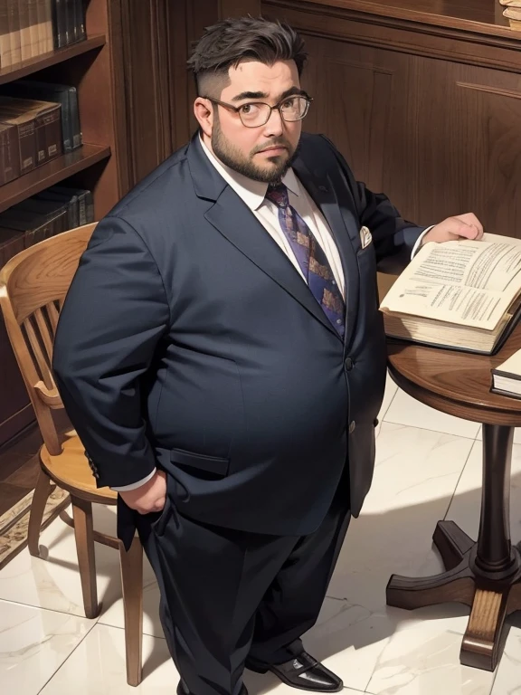 male, alone, (Yossan), beard, Glasses, (Are fat), (lawyer), suit, (Court), trial, Legal Book, document, Court内, Tension, justice, Serious expression、full body