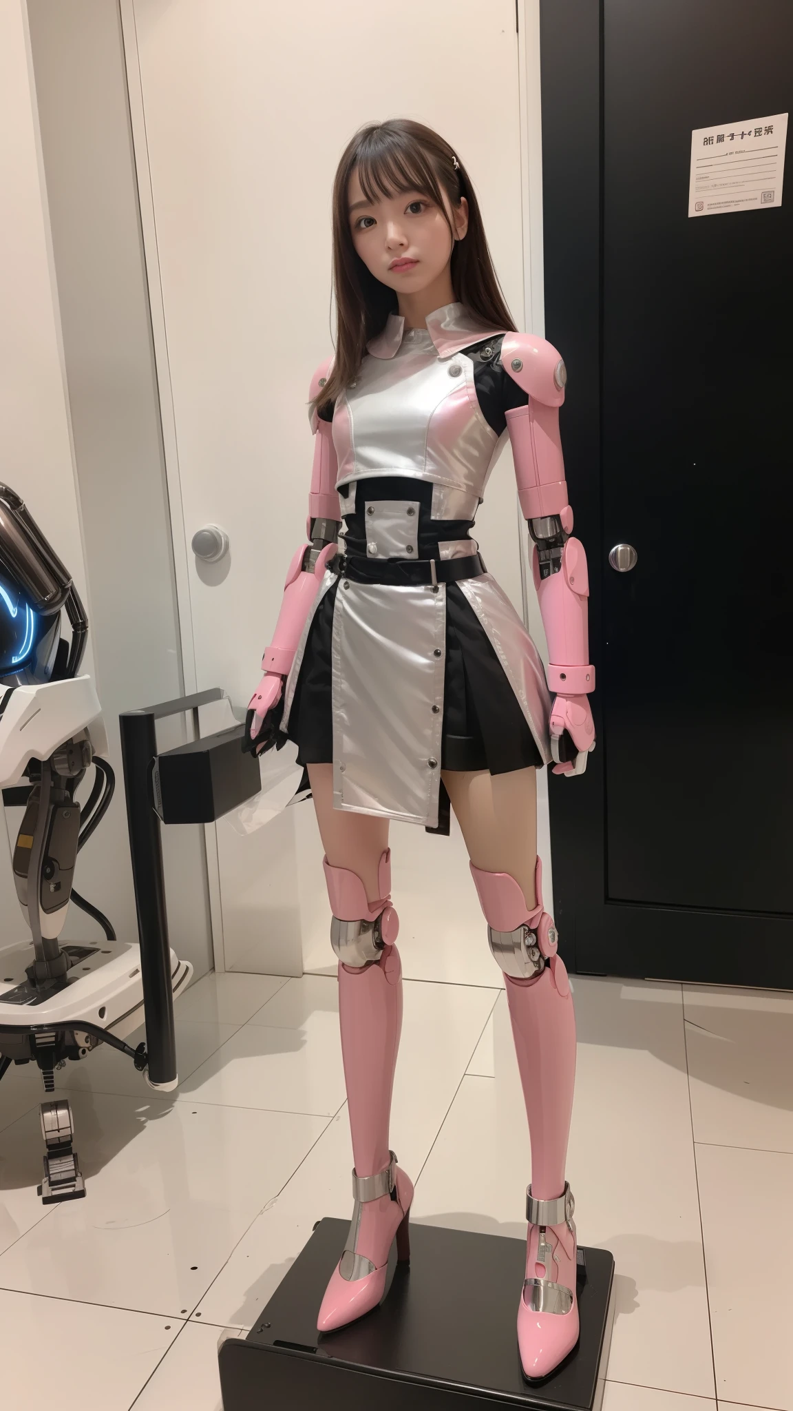 Robot Girl, pink, Silver, Metallic body, Robot Parts, Metal Parts, Super Detailed Face, Super well-formed face, of the highest quality, a small face, a small head, Brown hair, Slender body, Camera gaze, Internal Mechanical Exposure, Idol, front facing, Well-proportioned body, sale, Exhibited, Event Hall, Moe Pose, pink metallic Lolita dress machine armor, Standing with legs open, Model body type, sad, Embarrassing,(Perfect Robot Girl),(Perfect machine body)