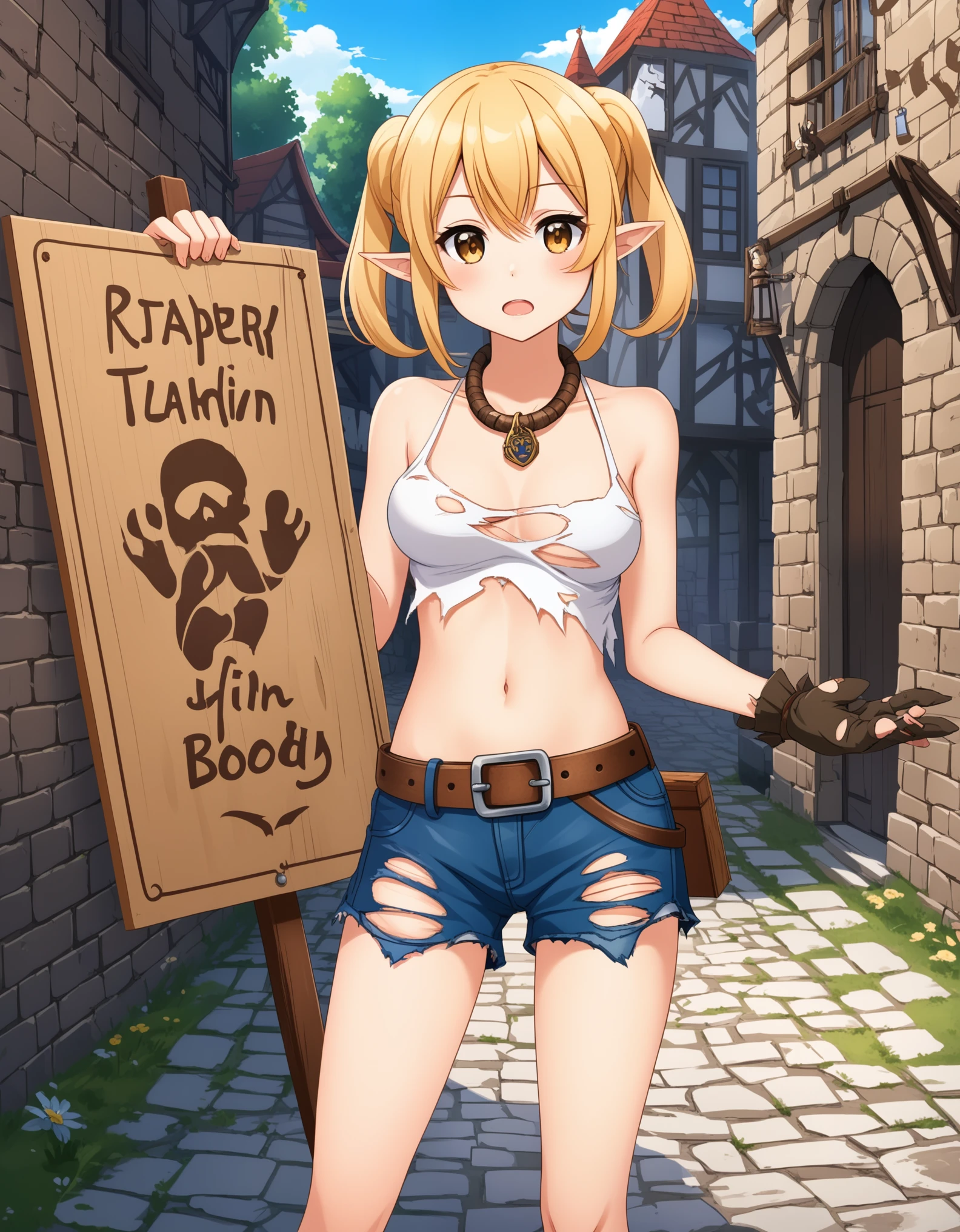 (zPDXL2), score_9, score_8_up, score_7_up, source_anime, 2d,
an elf girl, ((tiny, short, medium breasts)),((dressed in torn clothes, torn shorts, torn top, torn boots, torn gloves, leather belt:1.5)), ((holding in her hands, signboard, wooden signboard, paper signboard, hanging a sign around her neck:1.5)), ((blonde hair, dirty hair)), ((hair two buns)), fair skin, ((dirty body, covered in dirt))), ((standing near brick wall)), medieval, fantasy cobblestone pavement,  cowboy shot, side shot,
,AissistXLv2, unaestheticXL_bp5, SimplePositiveXLv2, zPDXL2 PonyXLV6_Scores