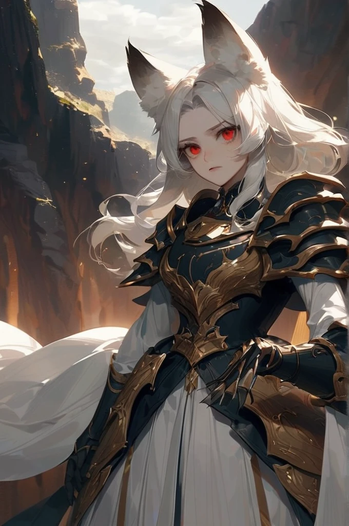((Лучшее качество)), ((шедевр)), (подробный), fox is a girl,adult,animal eyes,fox ears on her head,with long white hair, a lock of hair is black on the left side, up to the waist, red eyes, stands tall, furious gaze,dressed like a king,heavy armor, a two-handed sword in her hands, the background is a gloomy cave.