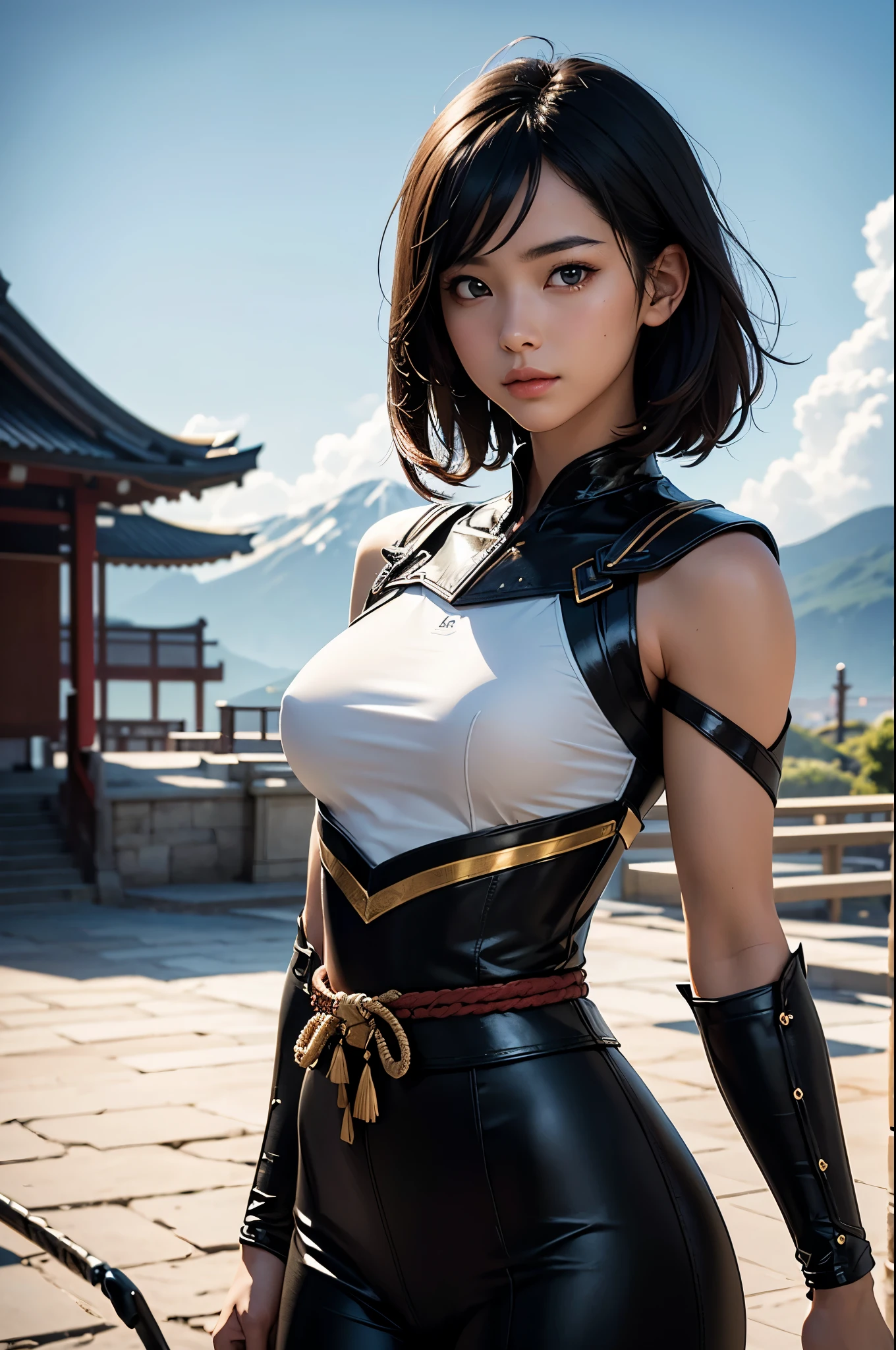8k、alone、16 year old big breasted beauty,Super Beauty(Like the real thing),Iris,super beautiful teenager,Black short bob hair,黒と赤のSexy Exterior,Black trousers,Golden decoration,長くて大きなJapanese sword,Demon Slayer: Androgynous Beauty,A wonderful work of art、Wind effects:1.9、Cloud Effect:1.2、Full Rendering,Unreal Engine、Japanese sword 1本,Cool beauty,Ultra-high resolution,super 超Realistic Skin,Ultra-precise hand-crafted detailing,1Japanese sword,smile,Photorealistic RAW photos of the highest quality。Backlight, Cinema Lighting, Film Grain, 50mm lens, Nikon D850,Realistic Skin,Fantasy art,Character Art,Ultra-high resolution,Muscular and slim body,Muscular and lean lower body,Precise facial details,What's left behind,Perfect hands,Cool sexy beauty,landscape,A lot of thick red smoke(largely),Ultra-realistic smoke,Extremely ripped abs,Muscular Beauty,Very large breasts,Sexy Exterior,Wide open chest,Body balance,smile,Makeup,Accentuate your cleavage,Dynamic fighting pose,