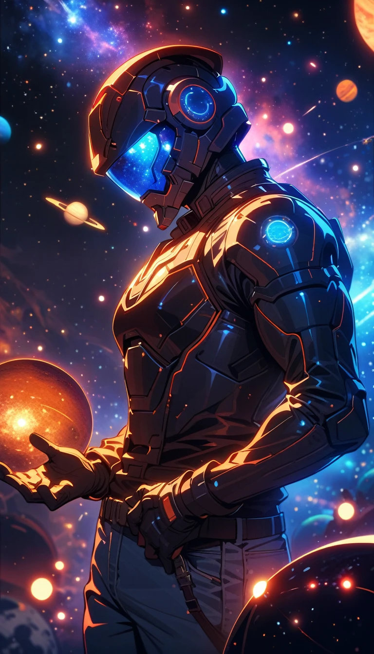 ((best quality)) , ((masterpiece)) , (detailed),1boy, male focus, solo, shirt, helmet, pants, denim, armor, facial hair, blue pants, gloves, beard, jeans, holding,(((Space-themed ,Cosmic, celestial, stars, galaxies, nebulas, planets, science fiction, highly detailed)))