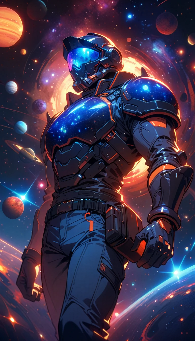 ((best quality)) , ((masterpiece)) , (detailed)，1boy, male focus, solo, shirt, helmet, pants, denim, armor, facial hair, blue pants, gloves, beard, jeans, holding,(((Space-themed ，Cosmic, celestial, stars, galaxies, nebulas, planets, science fiction, highly detailed)))