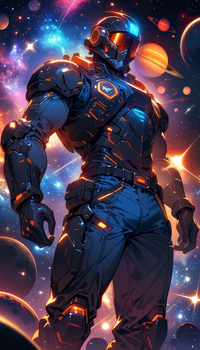 ((best quality)) , ((masterpiece)) , (detailed)，1boy, male focus, solo, shirt, helmet, pants, denim, armor, facial hair, blue pants, gloves, beard, jeans, holding,(((Space-themed ，Cosmic, celestial, stars, galaxies, nebulas, planets, science fiction, highly detailed)))