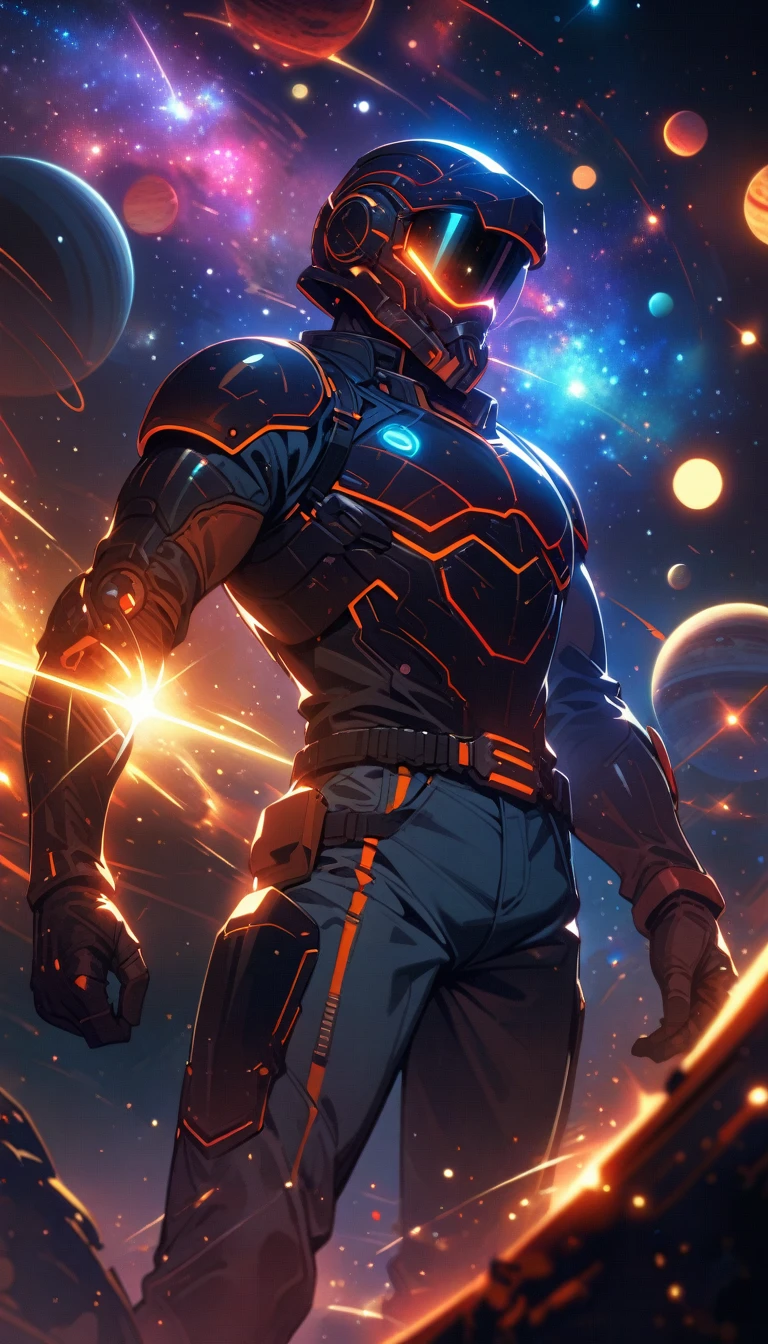 ((best quality)) , ((masterpiece)) , (detailed)，1boy, male focus, solo, shirt, helmet, pants, denim, armor, facial hair, blue pants, gloves, beard, jeans, holding,(((Space-themed ，Cosmic, celestial, stars, galaxies, nebulas, planets, science fiction, highly detailed)))