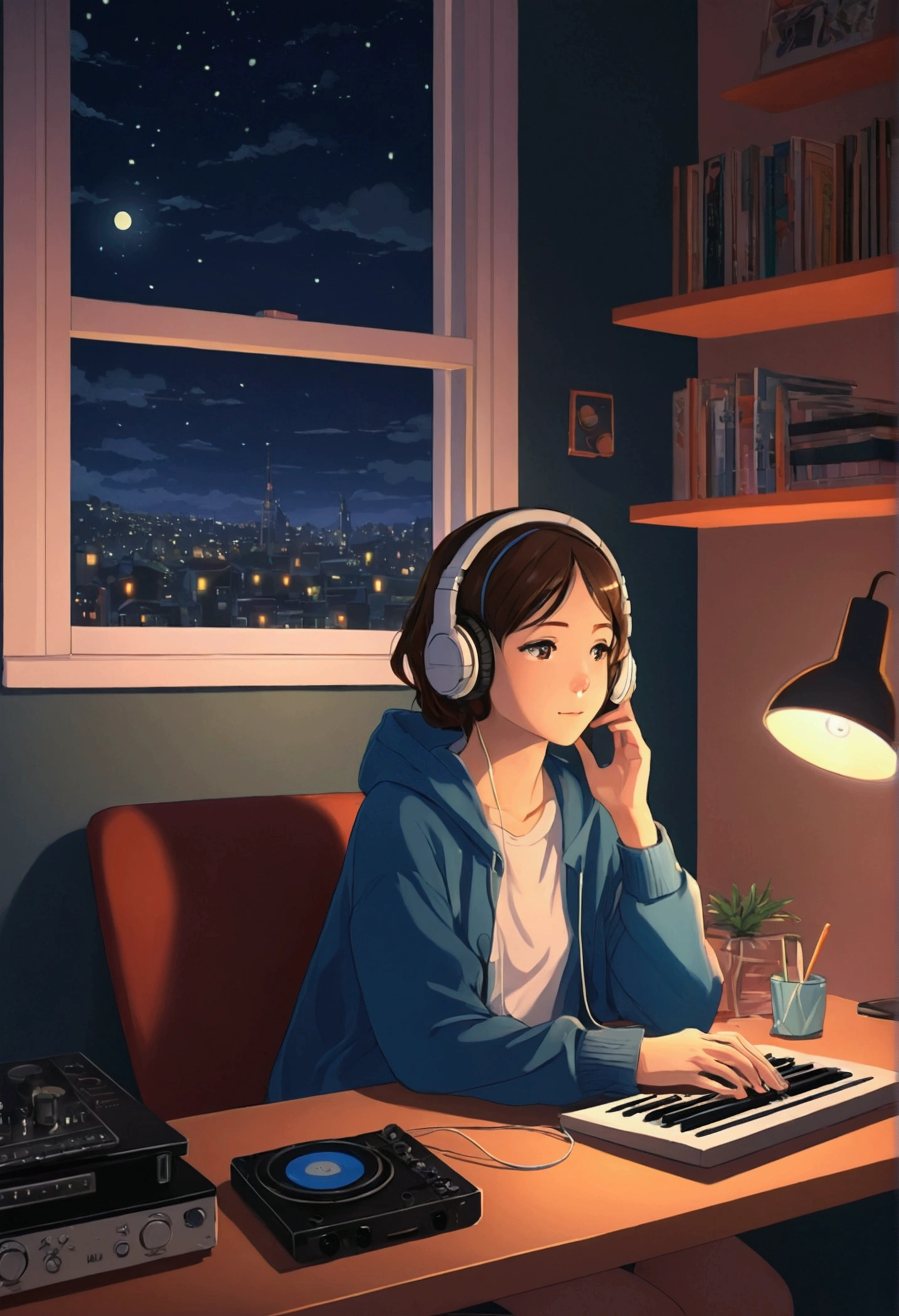Girl listening to music in cozy room at night, Using headphones, 2D style anime, Low Fidelity, Very detailed, harddisk