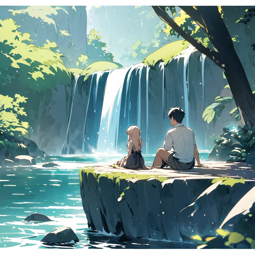 A boy is sitting near a waterfall or a girl is watching the water.