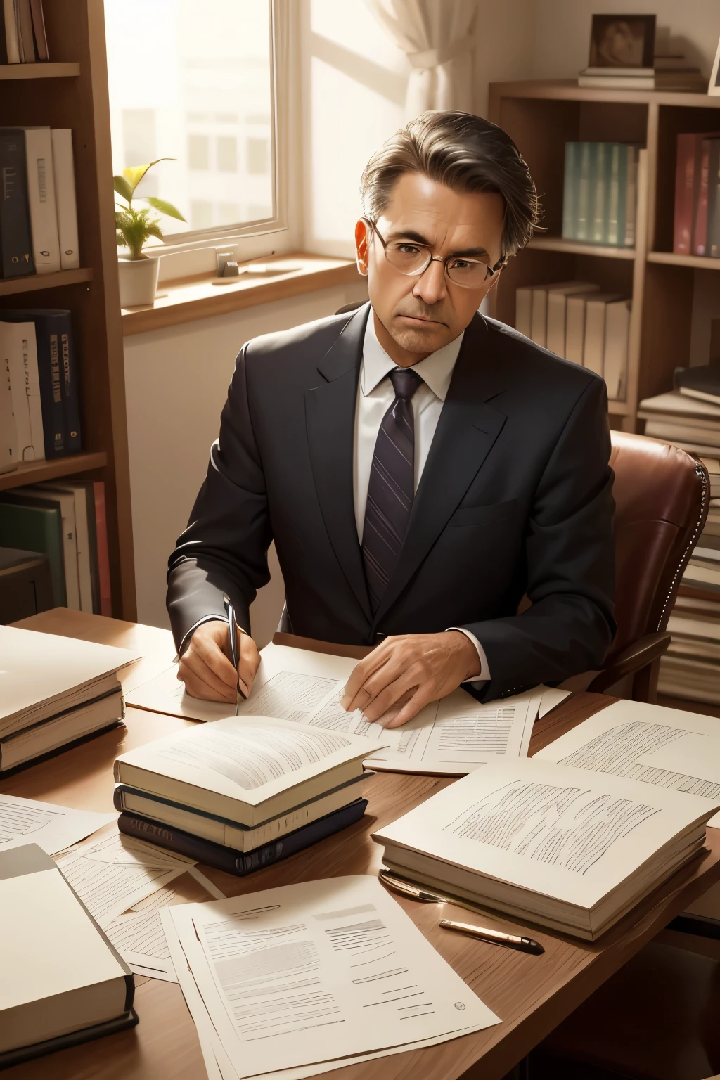 Lawyer office, piles of papers and books on the desk, middle-aged lawyer, sitting in a chair, contemplating,