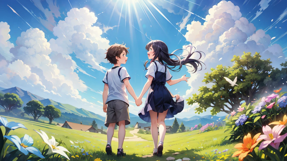 An anime-style image capturing the moment an 18-year-old boy and girl meet under the bright summer sun. The scene is filled with the warmth of the sun's rays, casting a golden glow on everything around them. The boy and girl stand facing each other, with expressions of surprise and joy as they cross paths. The background features a vast, clear blue sky with a few fluffy white clouds, emphasizing the openness and possibilities of the moment. The surrounding landscape is lush and vibrant, with green grass and blooming flowers swaying gently in the summer breeze. The overall atmosphere is lively and heartwarming, conveying the excitement and promise of new connections under the brilliant summer sky.