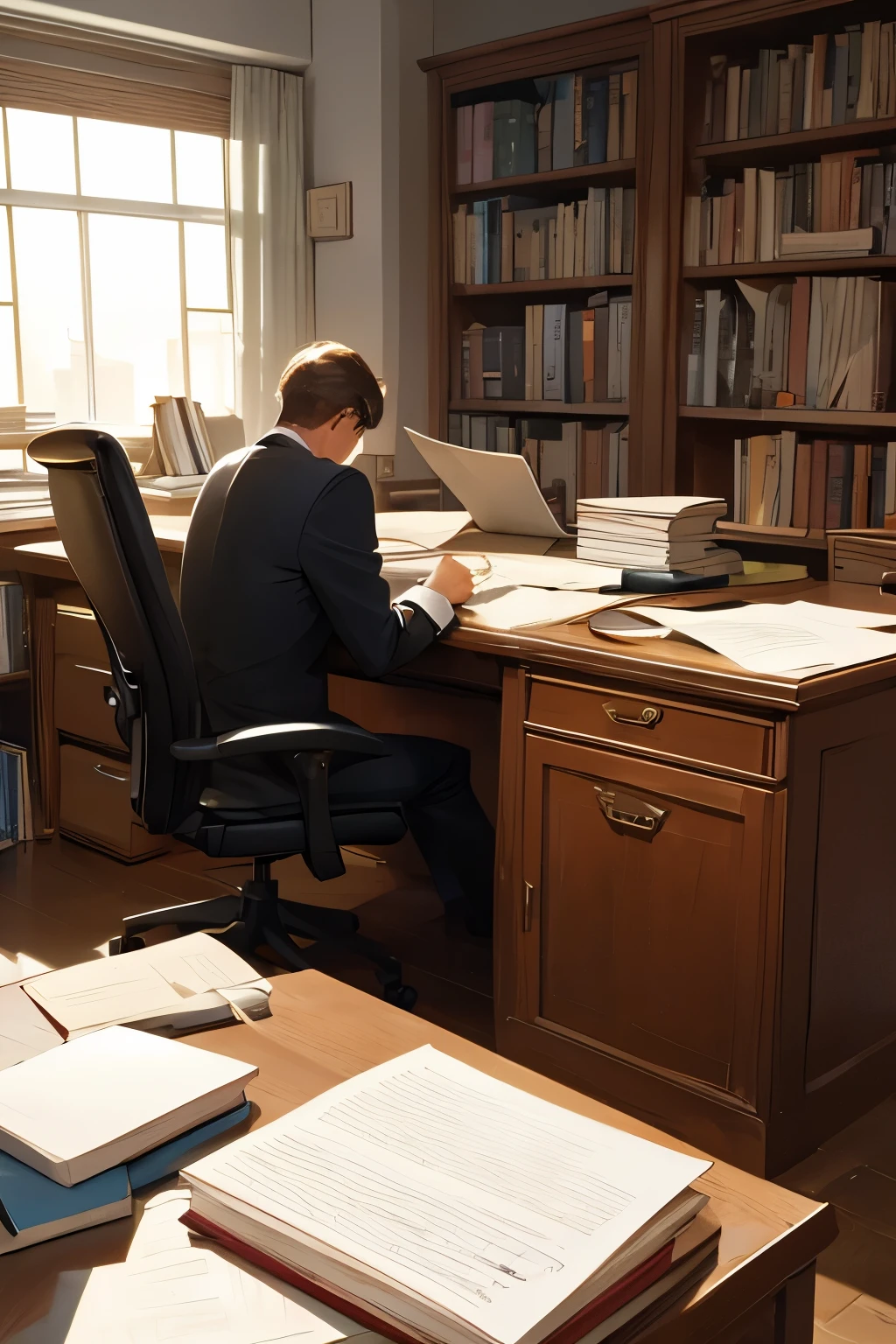 Lawyer office, piles of papers and books on the desk, middle-aged lawyer, sitting in a chair, contemplating,