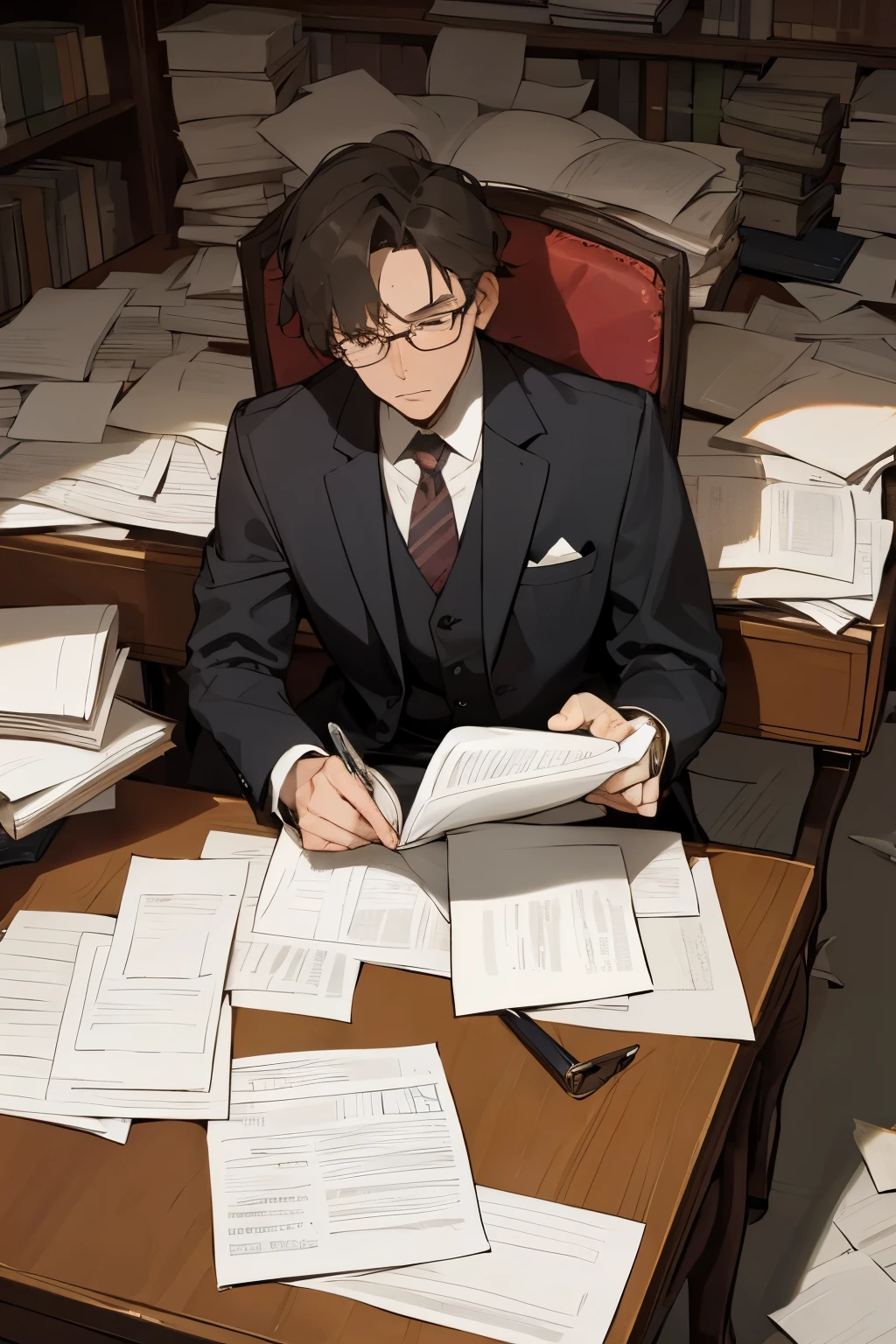 Lawyer office, piles of papers and books on the desk, middle-aged lawyer, sitting in a chair, contemplating,