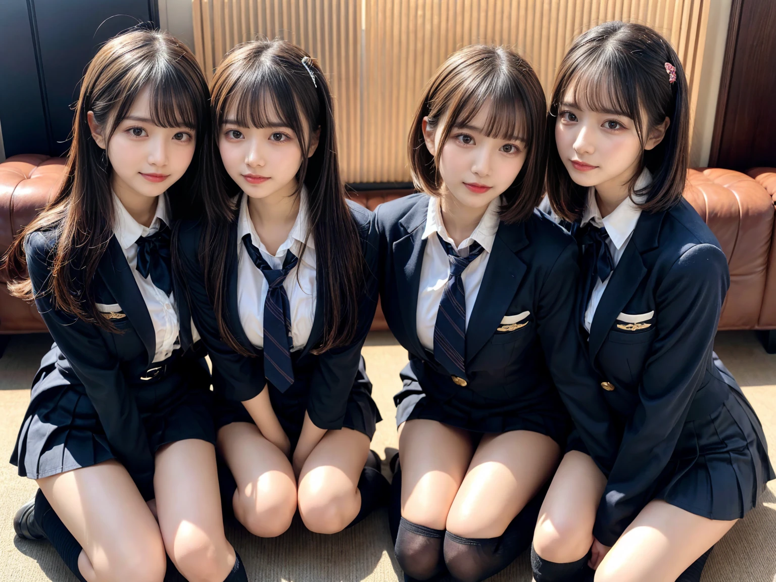 masterpiece, best quality, illustration, Super detailed, fine details, High resolution, 8K,wall paper, perfect dynamic composition,(Details High quality, realistic depiction of eyes:1.3), ((2 girls, 2 schoolgirls)), The background is a luxury hotel room、High school girl uniform、blazer 、Super Short Check Uniform Skirt、Navy blue high socks、garterbelts、Colossal tits、Disturbed uniform, Play with each other,Touching each other's bodies,Touching the body of the girl next door, short bob hair, black hair color, huge breasts, Big Natural Color Lip, bold sexy pose, (perfect body shape), crying a little、Harajuku style、Beautiful makeup,glitter makeup,Cutest 18 years old, beautiful legs, hposing Gravure Idol, Voluptuous thighs