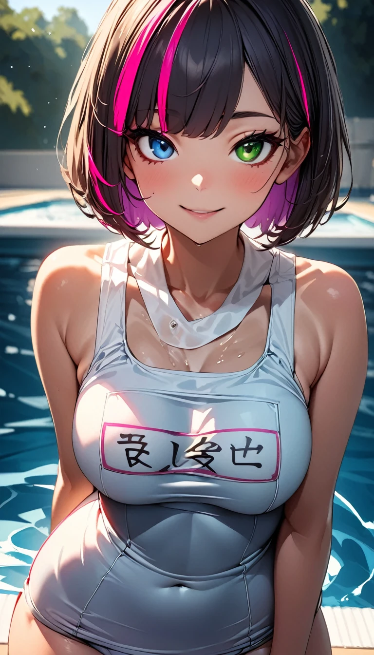 (highest quality:1.2, Very detailed, up to date, Vibrant, Ultra-high resolution, High Contrast, masterpiece:1.2, highest quality, Best aesthetics), Portraiture、girl、solo, (25-years-old:1), slim, , heterrochromia, green eye, red eye, Bright colors、Beautiful fine details、Beautiful lip detail、extra short hair, ((bob cut:1.5))、pink and purple, ((streaked hair:1.9)), (highlights hair: 1.6), (small breast:0.4), (wearing school swimsuit, (She has a white bib with her name "MIKU" written in large letters on her chest.)), swimming, (outdoor school pool:1),smile, (cowboy shot:1.7)
