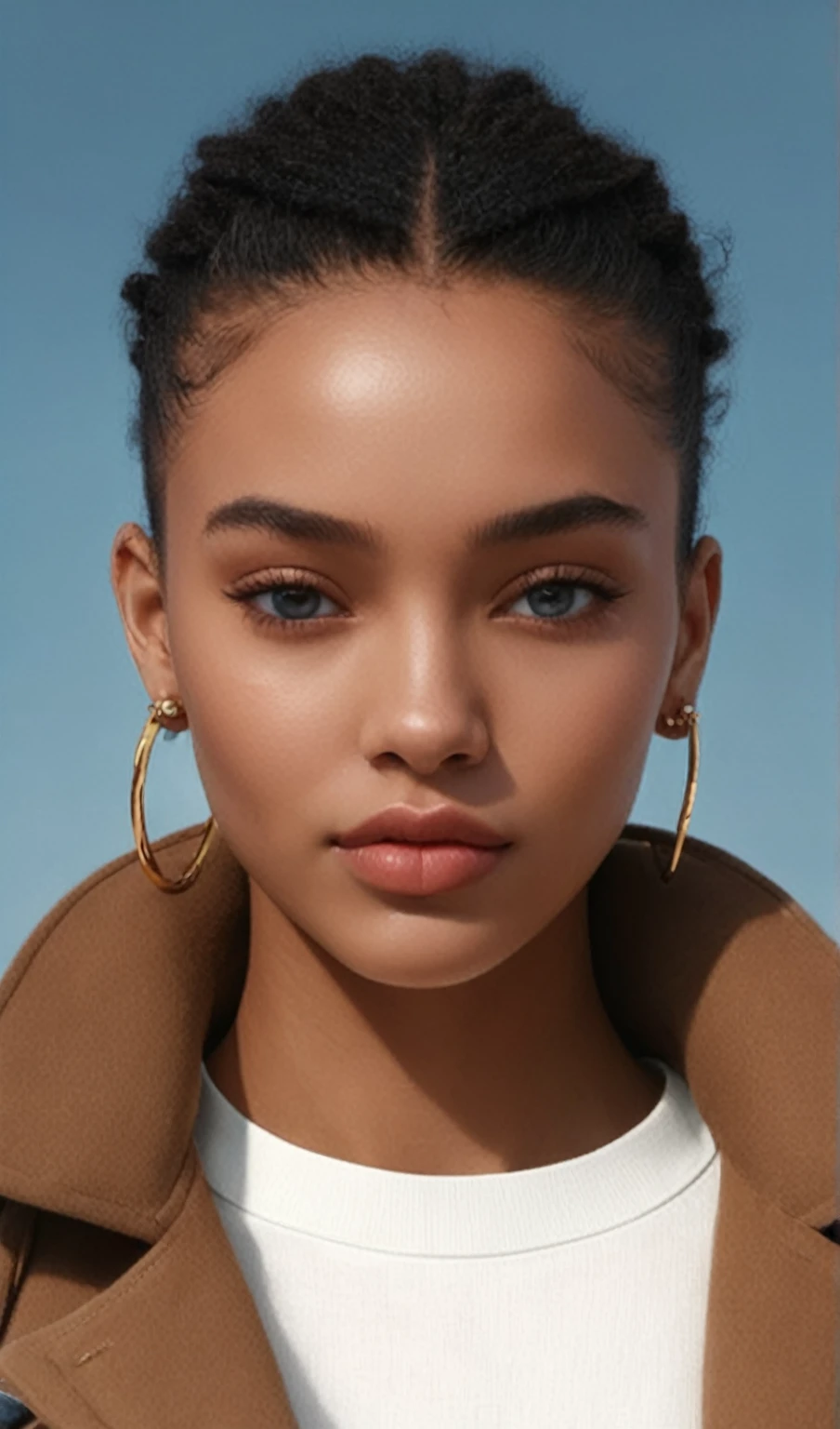 A woman in a coat and earrings poses for a photograph., Portrait Sophie Mudd, bella poarch, sauce smith portrait, Beautiful and realistic faces, Retrato Willow Smith, extremely beautiful face, clear skin tone, perfect face, Accurate ultra-realistic faces, perfectly illuminated face, with brown skin, hyperrealistic faces, Ultra realistic faces, clear skin