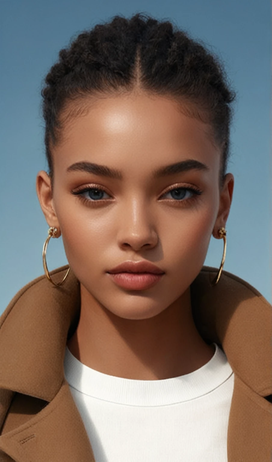 A woman in a coat and earrings poses for a photograph., Portrait Sophie Mudd, bella poarch, sauce smith portrait, Beautiful and realistic faces, Retrato Willow Smith, extremely beautiful face, clear skin tone, perfect face, Accurate ultra-realistic faces, perfectly illuminated face, with brown skin, hyperrealistic faces, Ultra realistic faces, clear skin