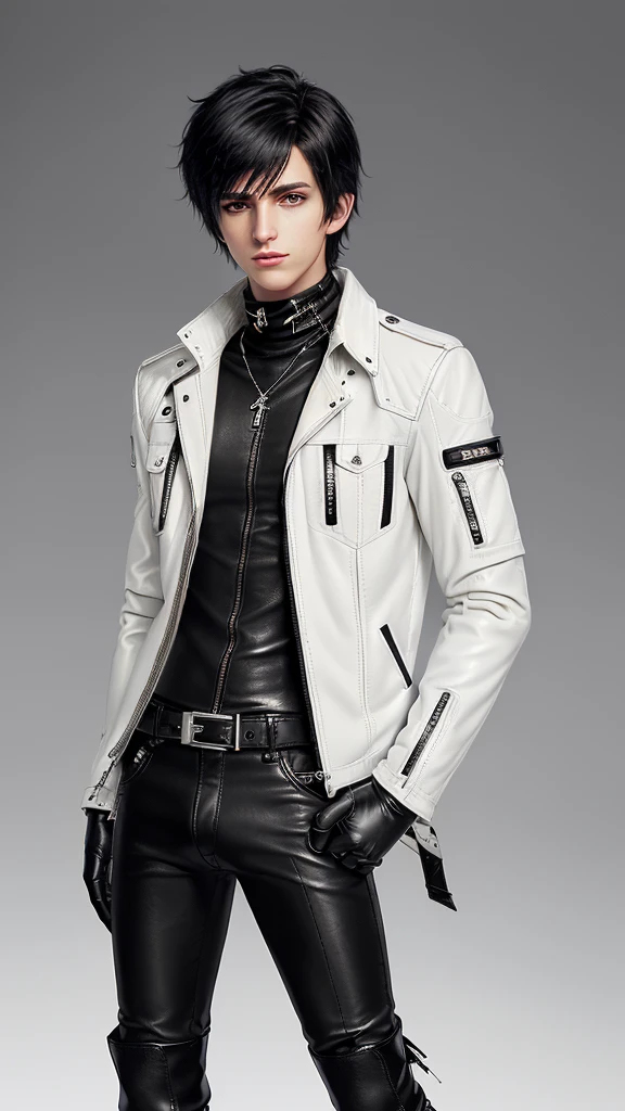 Final fantasy taste and reality graphics, ((Japanese young cute and cool ikemen boy)), his age is early 20s, thin eyebrows and beady eyes, ((he wearing off white color leather thick and heavy material jacket)), ((jacket is single-brest)), , ((jacket is large size)),((with epaulet)), ((jacket is long sleeve)), ((jacket
. zipping up, front of the leather jacket)), , ((voluminous leather jacket)), ,((jacket length is high, and collar is stand-up)) ((jacket collar with two belts)), ((jacket is a little black color line patterns)), ((also wearing black thick material turtleneck lackluster shirts)), ((tight black leather pants)), ((put black leather tight and thin glove on both hands)), ((black leather glove)),((black leather knee-high raceup boots)),((must views head-to-toe)),((must views whole body)), ,((Do not show skin from the neck down)),leather jacket leather glove and leather pants have few wrinkles, Avoid showing your innerwear,zip up jacket fastner.((must put on a leather glove)).
Boy is black hair.boy looks like fashion model.
Boy in the dim room.