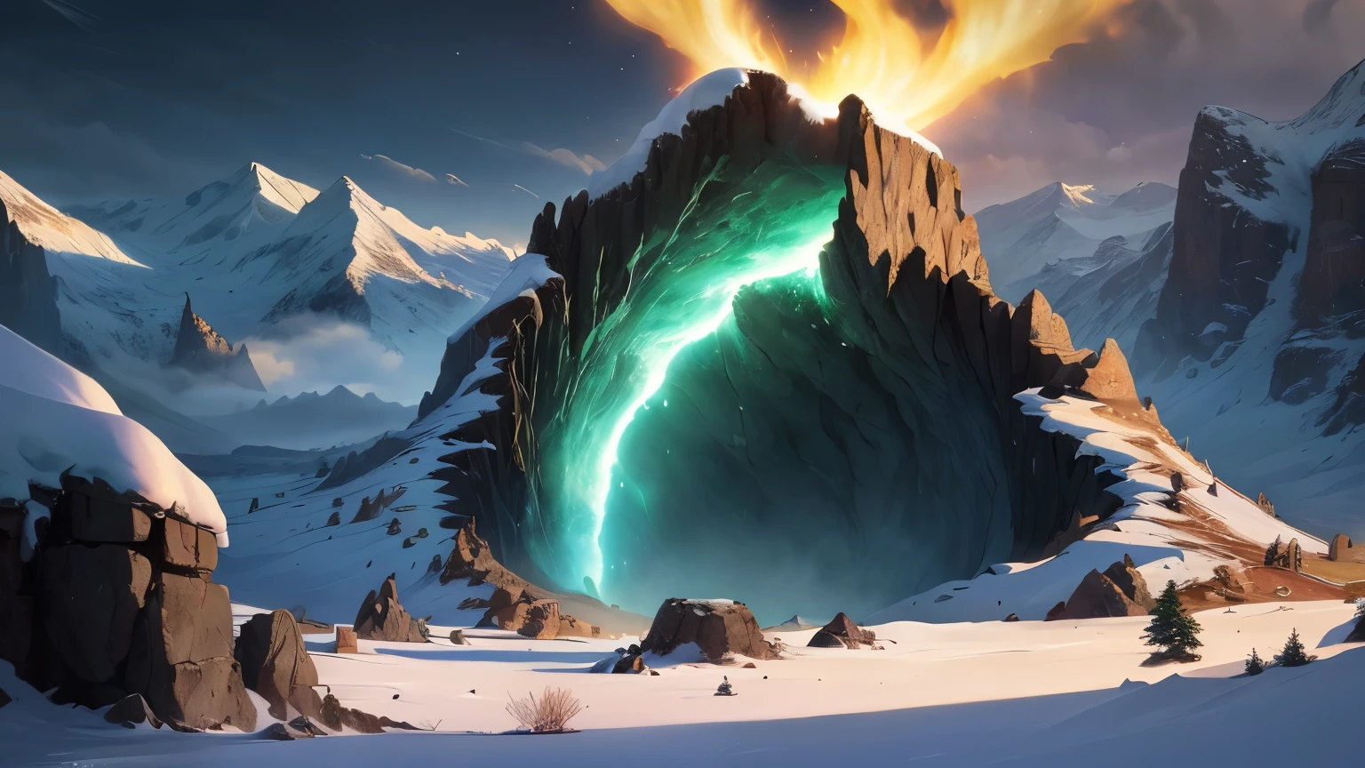 ((best quality)), ((masterpiece)), (detailed), A digital illustration of a large hole in the ground with green gas emanating from it, with snow-covered mountains and monsters in the background