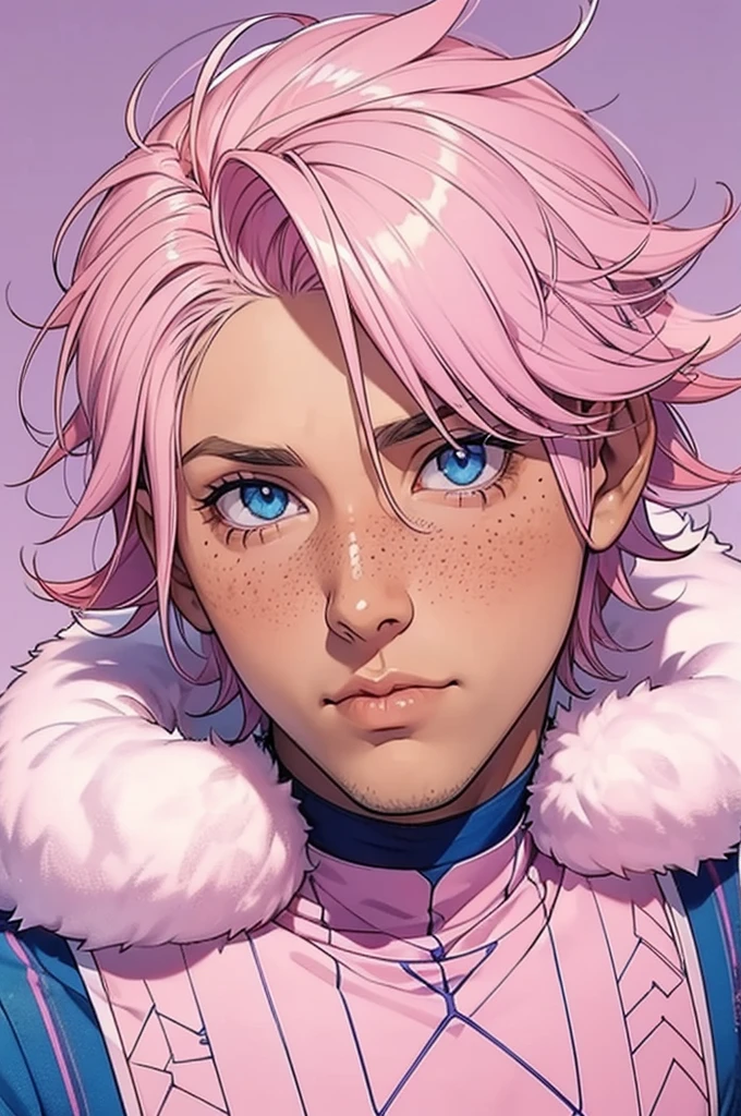 pastel pink hair, fluffy hair, spikey hair, dark skin, freckles, blue eyes, male, man, tattoos, pink clothes