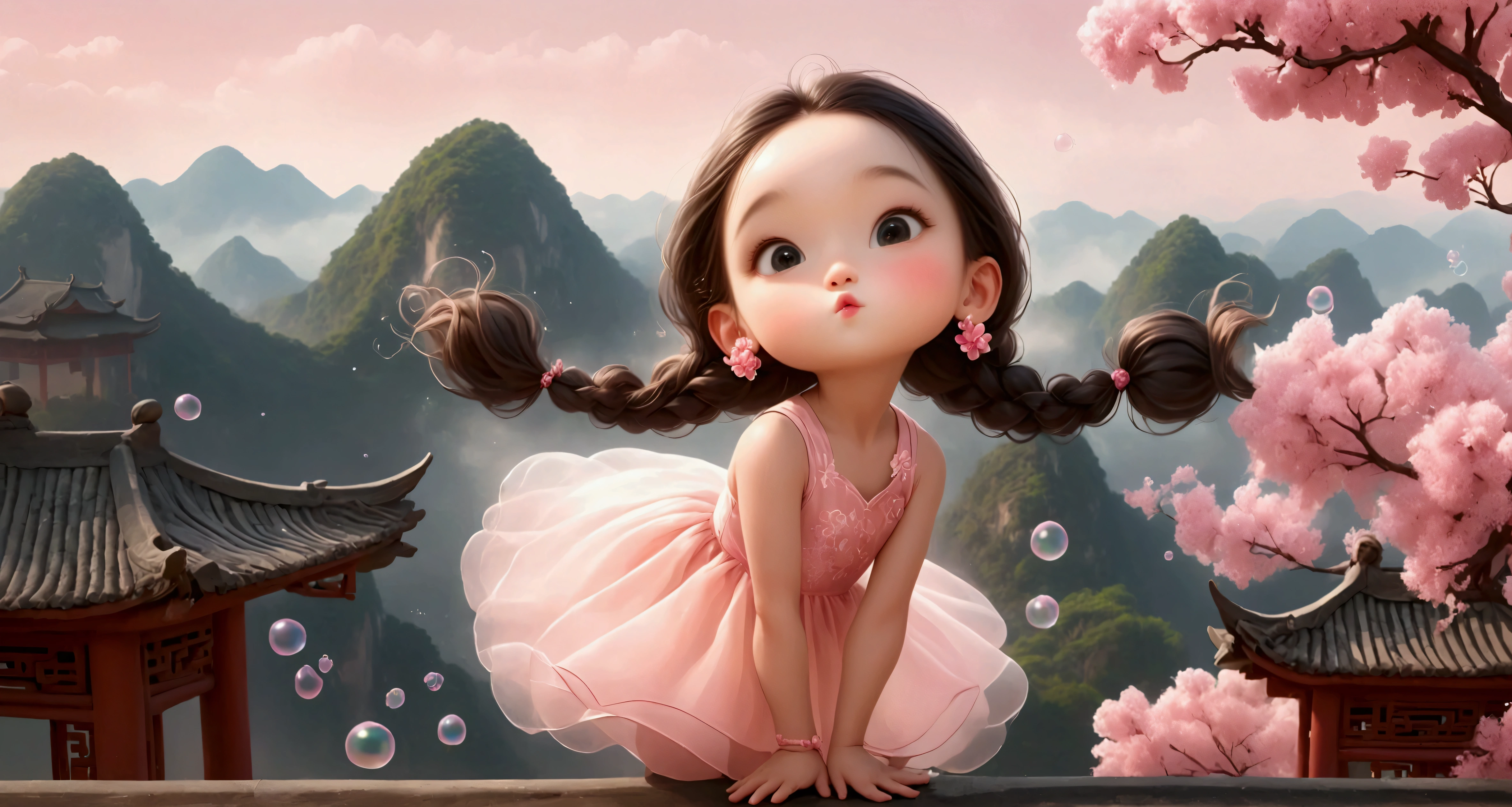 A promotional poster home page；Simple illustration style；1 dancing , Girl standing on the Chinese eaves（ridge）。Solitary,Wearing a cute pink dress，Happy expression，Playful；The character is on the right side of the frame，whole body；Light pink background，There are many transparent bubbles in the picture，Big bubbles；Pure background（The background is a solid color）； Depth of Field, Extraordinary details, masterpiece, high quality, 4K，Leave white space in the center of the screen。