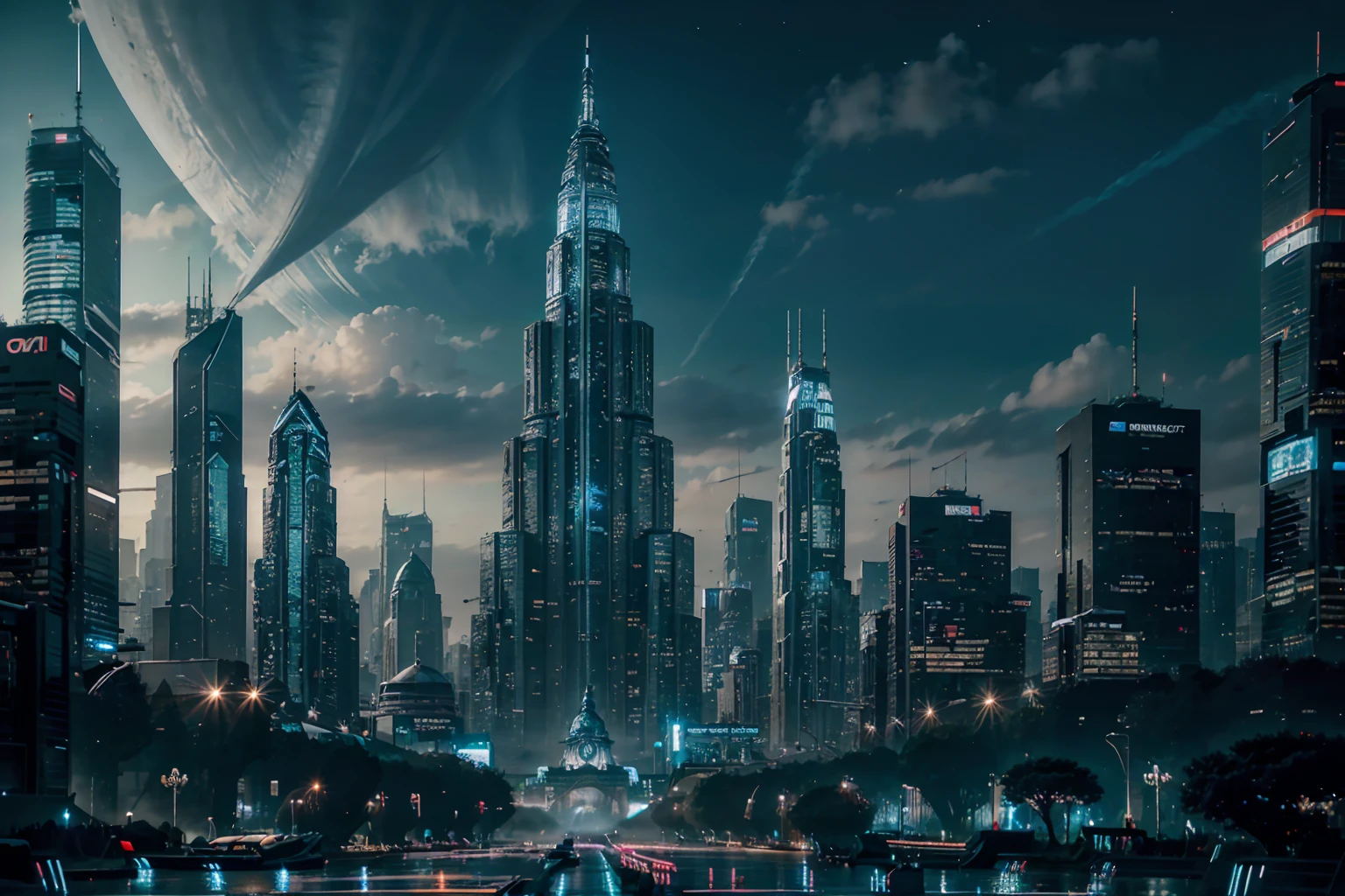 (Highest quality, Ultra HD, 16k, Masterpiece) In a future cityscape, the vibrant lights and towering skyscrapers create a stunning cyberpunk aesthetic. The city is elevated high into the clouds, offering a breathtaking view of the universe. This SF world is a blend of advanced technology and otherworldly beauty. At the heart of the city stands a huge, colossal statue of Lord Shiva, its presence both awe-inspiring and majestic. The statue, an enormous tribute to the Indian deity, rises from the middle of the city, its intricate details and grand scale making it a focal point of the skyline. The early morning light bathes the statue and the city in a soft glow, highlighting the contrast between the ancient spiritual figure and the futuristic surroundings. The sky is a canvas of vibrant hues, with the city lights flickering against the backdrop of the universe. The colossal statue of an Animal god, with its serene expression and powerful stance, seems to watch over the bustling metropolis, merging the spiritual and the technological in a harmonious blend. The overall composition captures the essence of a world where tradition and innovation coexist, creating a scene of unmatched beauty and depth. The vibrant energy of the city, combined with the tranquil presence of the statue, offers a unique glimpse into a future where the past is never forgotten.