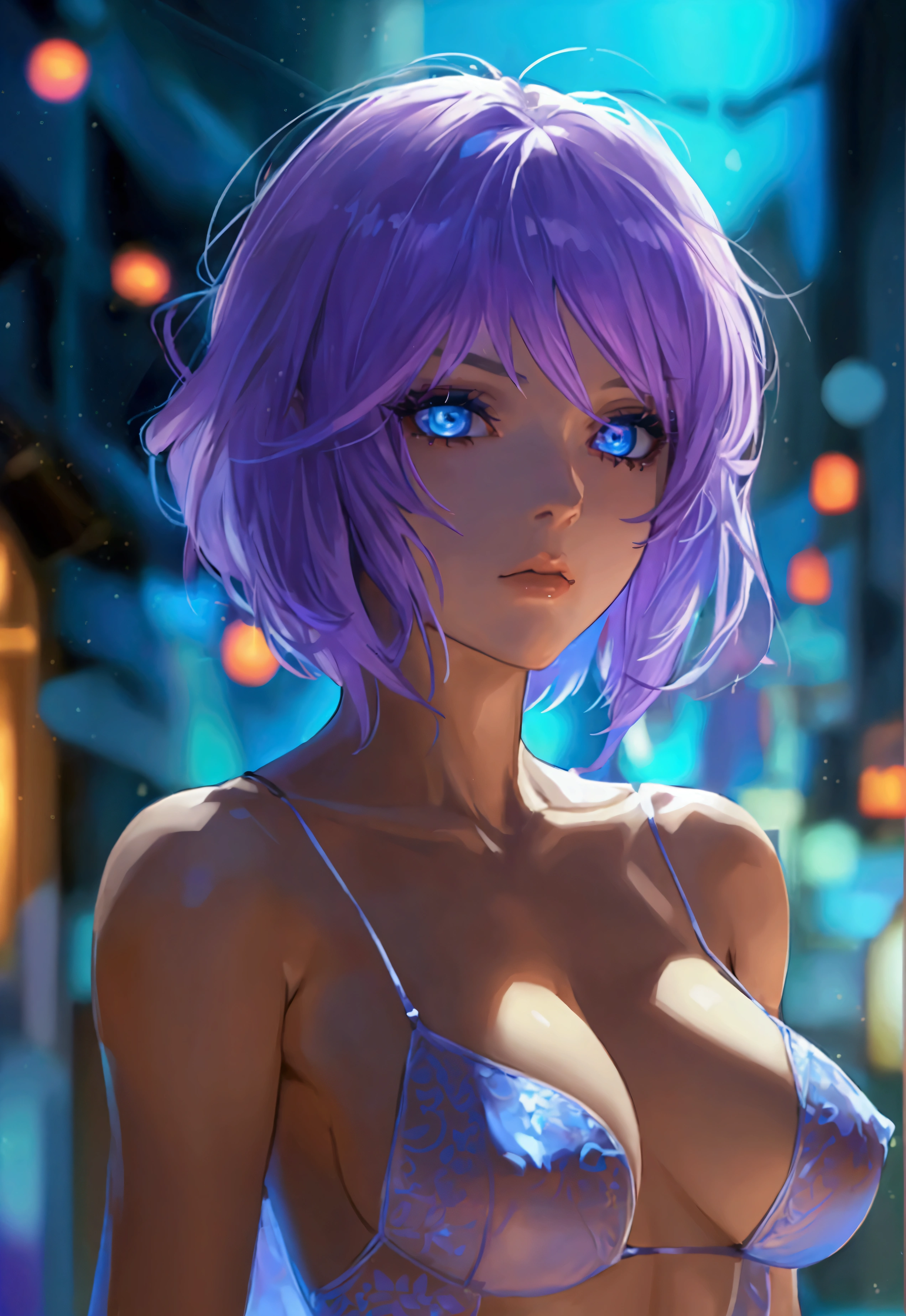 woman, full body, serious, blue eyes, slit pupils, purple hair, bob hair, perfect body, perfect breasts, perfect silk mini skirt, transparent lingerie, night background stars, hdr, intricate, nsfw