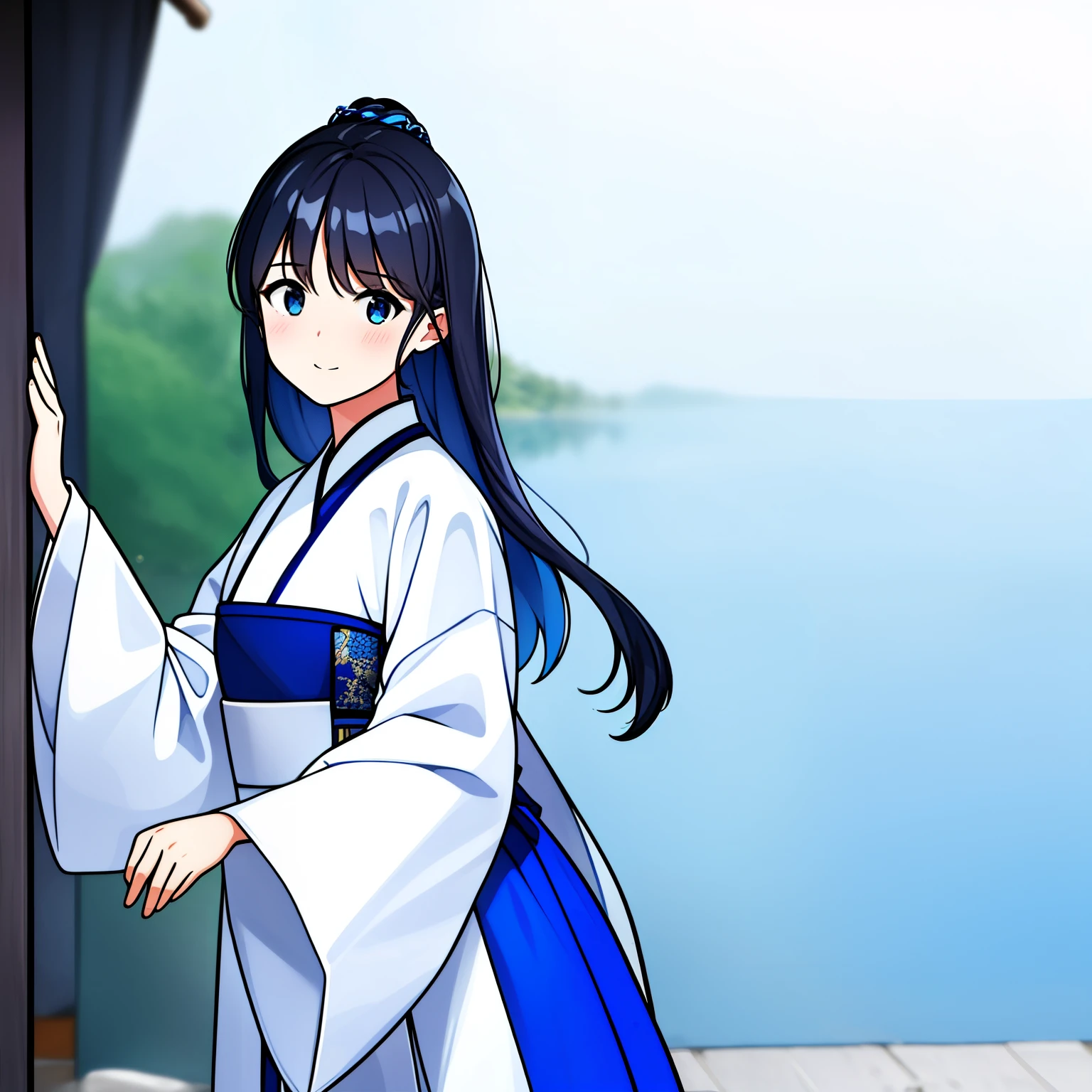 ( Ink Painting), A girl, (Blue and white Hanfu), White ground, ( Bokeh, Out of Focus, 柔和的light, light, Divine Light, Ultra HD)