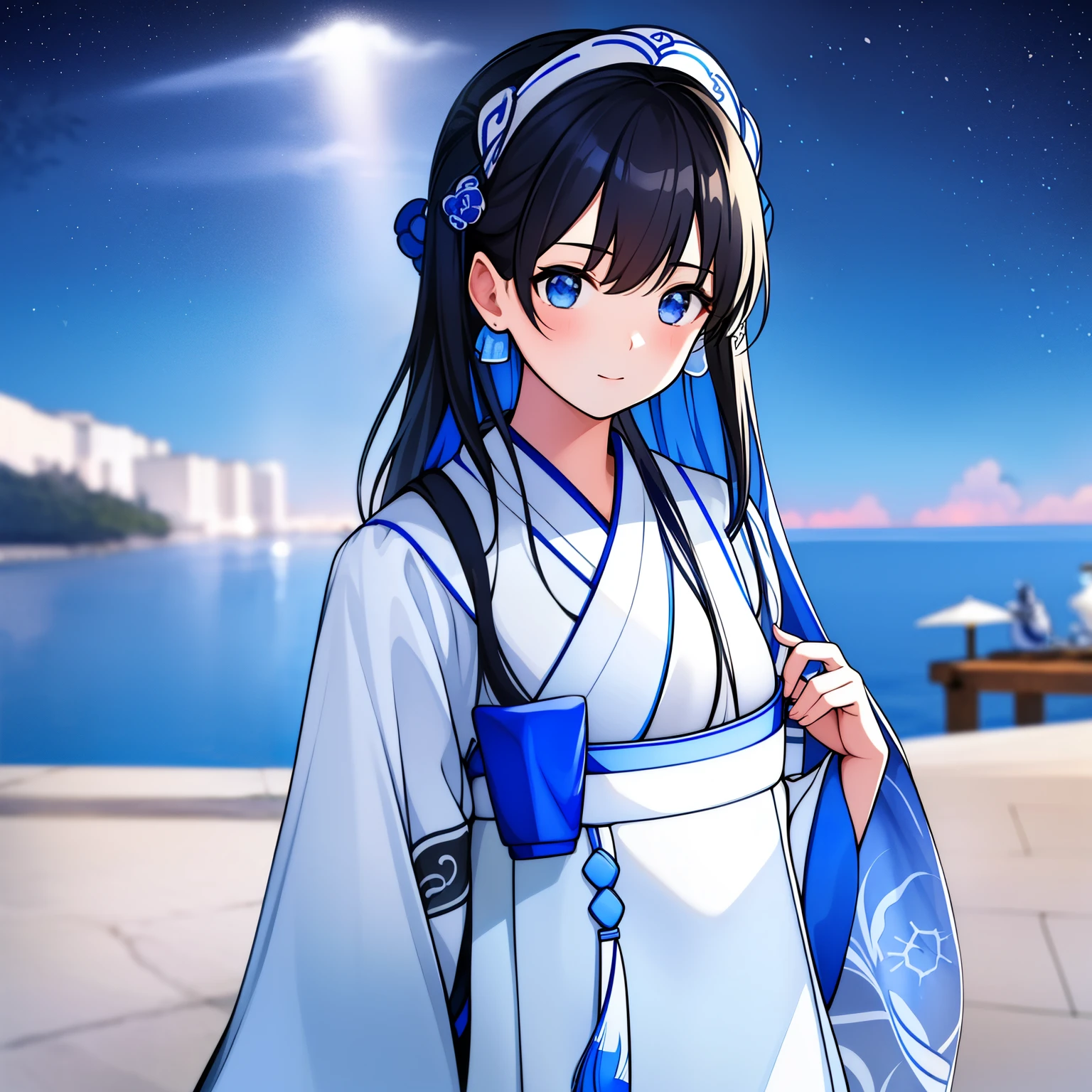 ( Ink Painting),  A girl, (Blue and white Hanfu), White ground, ( Bokeh, Out of Focus, 柔和的light, light, Divine Light, Ultra HD)
