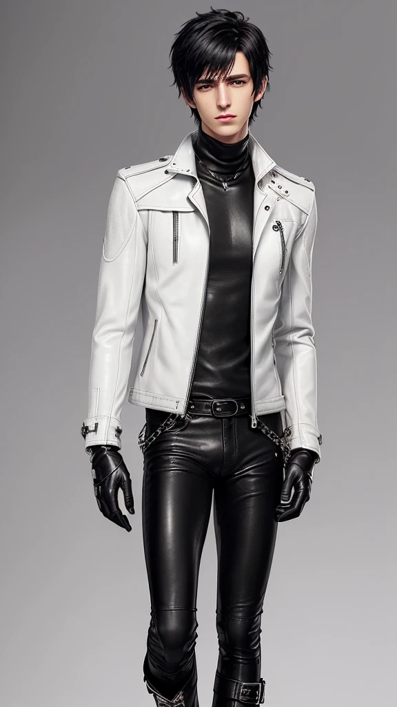 Final fantasy taste and reality graphics, ((Japanese young cute and cool ikemen boy)), his age is early 20s, thin eyebrows and beady eyes, ((he wearing off white color leather thick and heavy material jacket)), ((jacket is single-brest)), , ((jacket is large size)),((with epaulet)), ((jacket is long sleeve)), ((jacket
. zipping up, front of the leather jacket)), , ((voluminous leather jacket)), ,((jacket length is high, and collar is stand-up)) ((jacket collar with two belts)), ((jacket is a little black color line patterns)), ((also wearing black thick material turtleneck lackluster shirts)), ((tight black leather pants)), ((put black leather tight and thin glove on both hands)), ((black leather glove)),((black leather knee-high raceup boots)),((must views head-to-toe)),((must views whole body)), ,((Do not show skin from the neck down)),leather jacket leather glove and leather pants have few wrinkles, Avoid showing your innerwear,zip up jacket fastner.((must put on a leather glove)).
Boy is black hair.boy looks like fashion model.
Boy in the dim room.