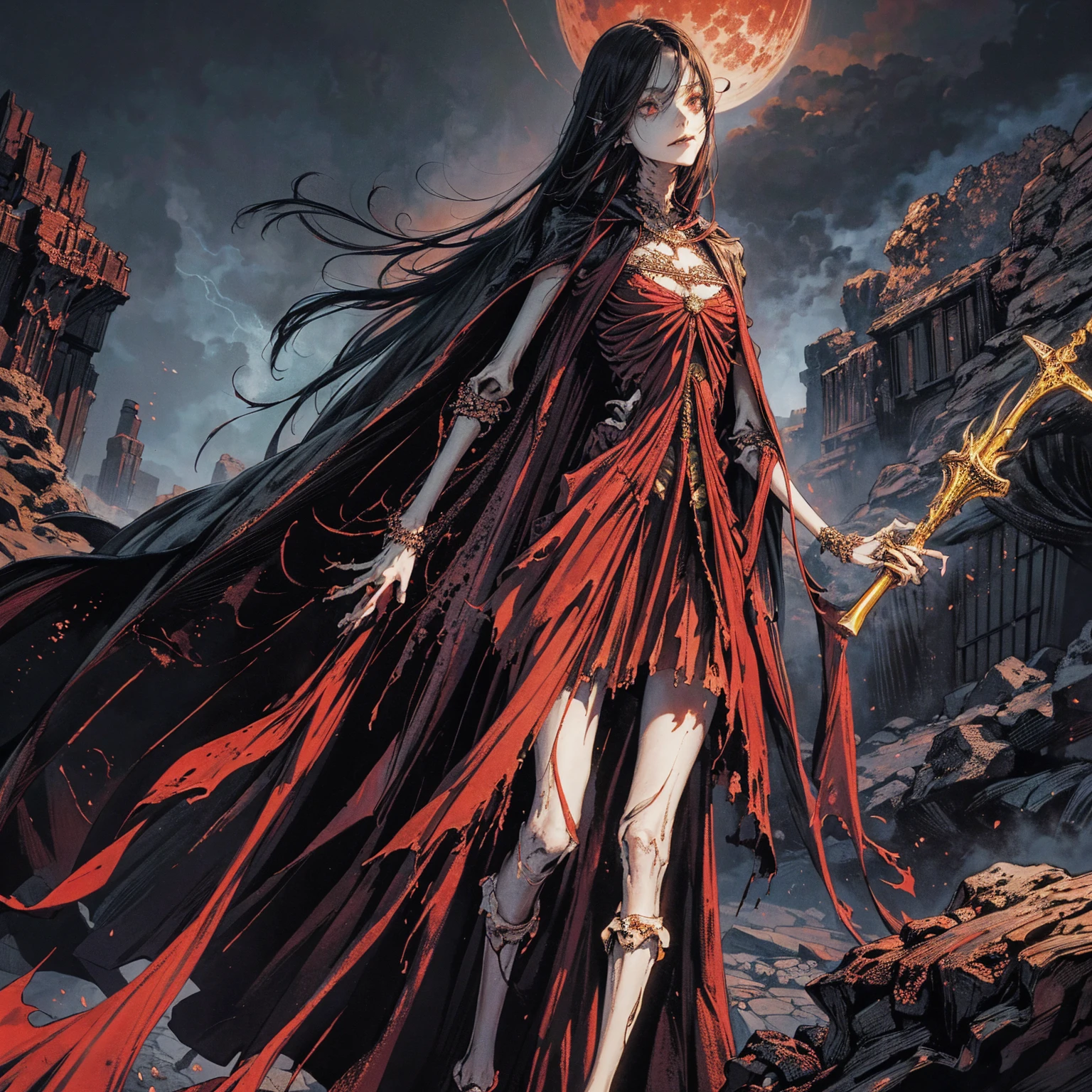 full-body shot, best quality, 4K, high resolution, masterpiece, Very detailed, Mood lighting, An undead girl in a long cape, Whole body including hands & arms & legs & feet are all skeleton bones but except the head is still beautiful human face, Wearing a ragged gothic skirt, Aloofness emotion, Dangerous sneer, Yandere smile, Black Hair, Standing, Facing the camera, Crucified, Pitch black sky, Blood-red moon, strange atmosphere, Gothic style, Unforgettable beauty, Dramatic shadows, Ethereal Light, Mysterious atmosphere.