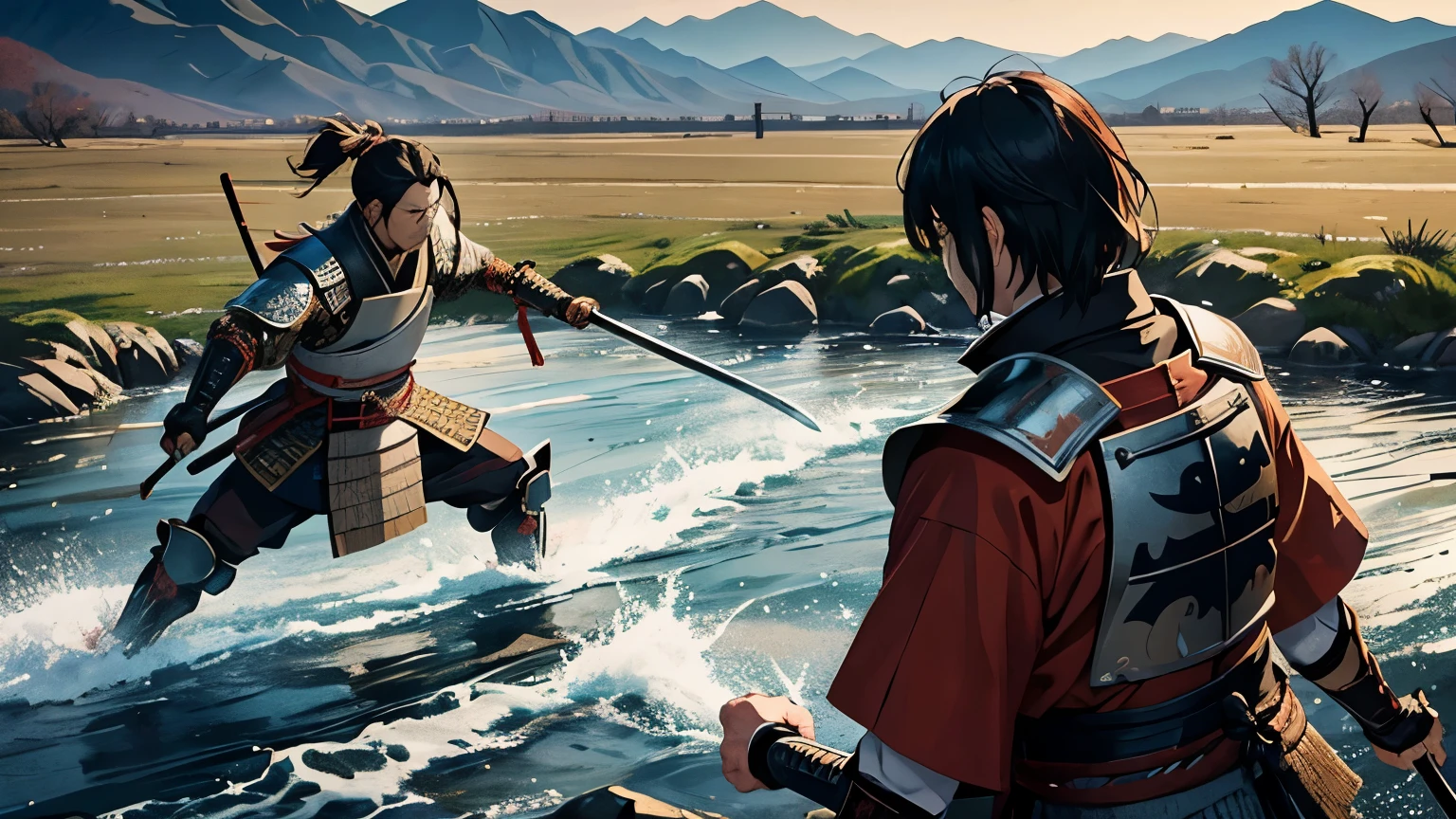 A scene from the duel between Takeda Shingen and Uesugi Kenshin、Fighting with swords、The background is outdoors、Rivers and Plains、Wearing intricately designed traditional samurai armor、 Famous people in Japanese history、He has a stern look、Has an intimidating presence