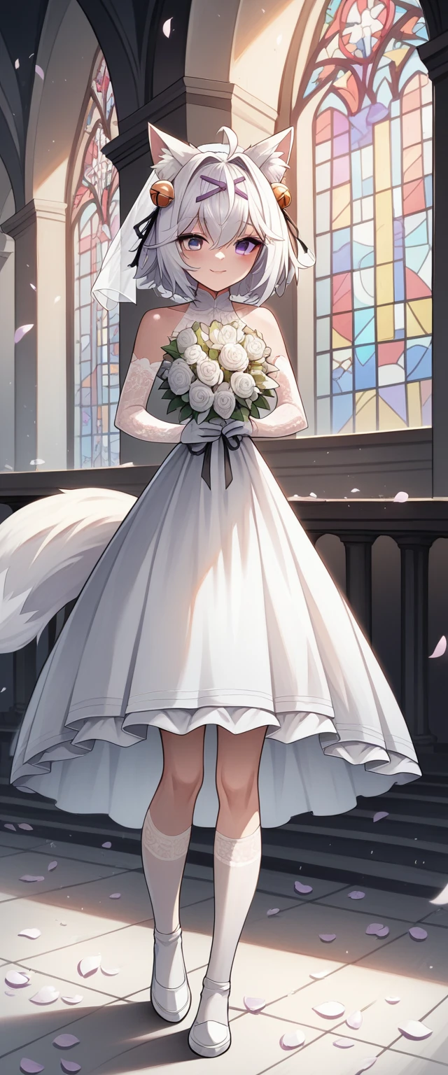 UHD, masterpiece, best quality, dramatic light, church, infront of the altar, 1girl, solo, Filian, fox tail, super small cat ears, white hair, short hair, ahoge, hairclip, hair bell, deep violet eyes, blush, happy smile, a-line wedding dress, white veil, white lace arm sleeves, white gloves, white lace stockings, white shoes with heals, slim arms, slim legs, Eye-Level Shot, holding bridal bouquet ,full body pose, innocent pose, raining flower petals, ((petals falling)