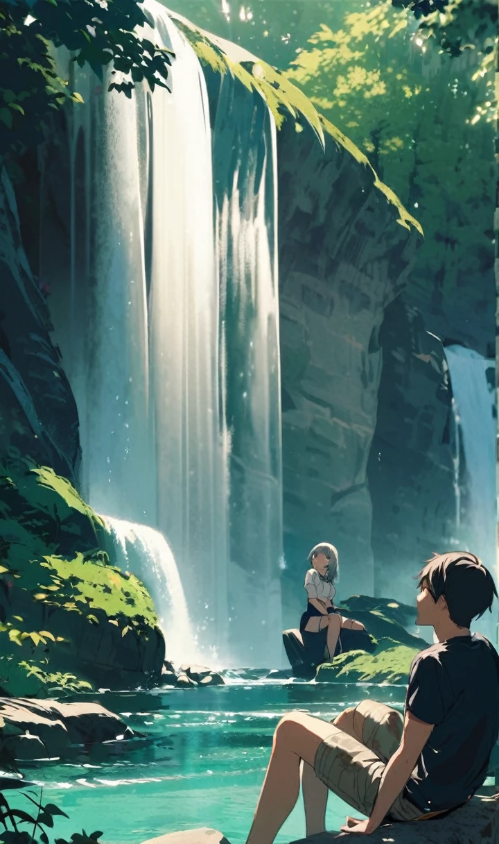 A boy is sitting near a waterfall or a girl is watching the water.