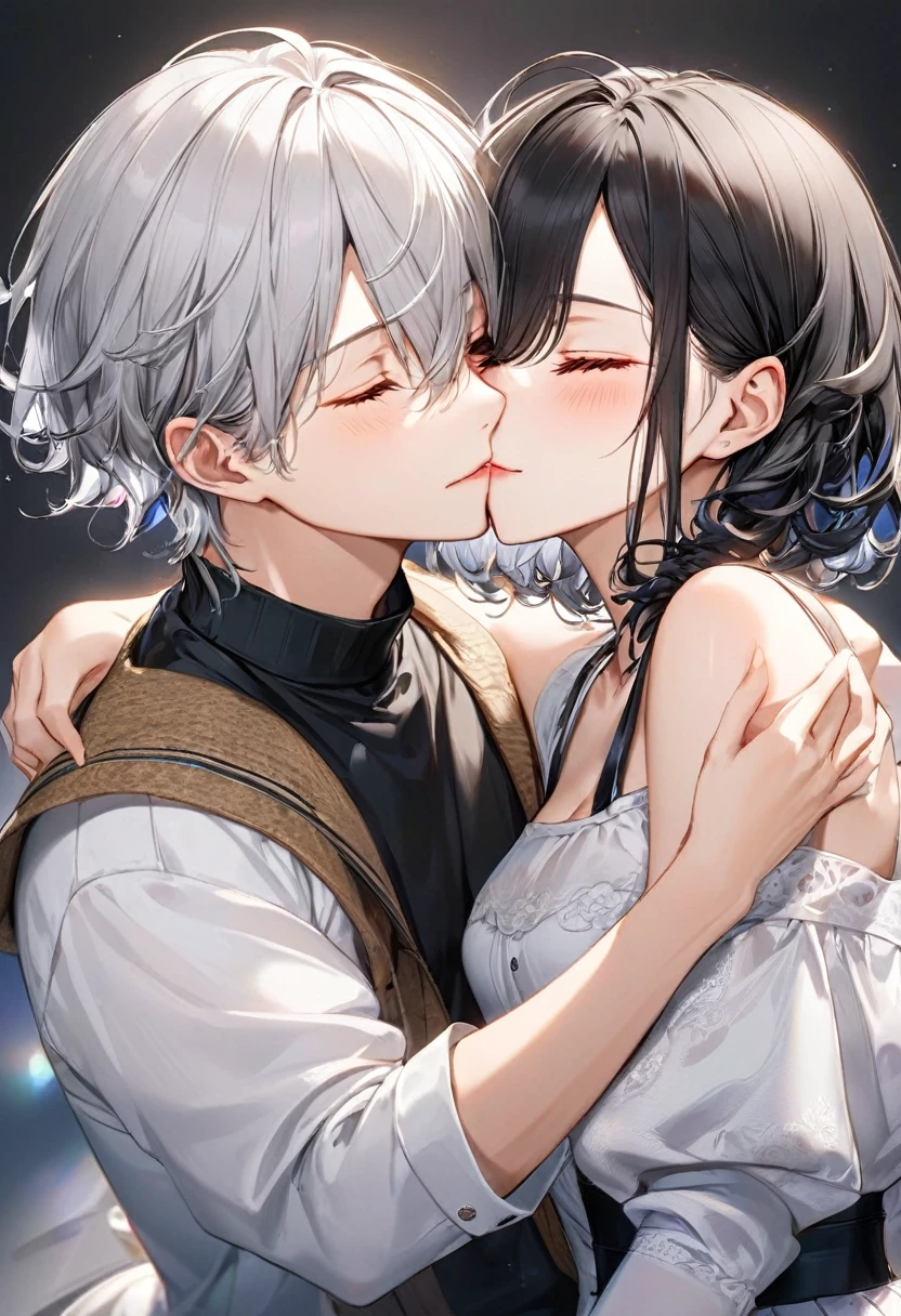 (A friendly couple), (a crew cut silver hair short hair red eyes boy) and (a curly:1.3 black hair long hair sexy closed eyes cute girl), break, (boy Kiss on the her cheek), BREAK, perfect anatomy, masterpiece, best quality, 16k, beautiful detailed love, daydreaming expression.