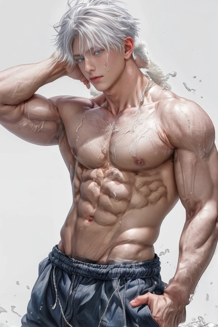 1boy, adult, handsome, perfect face, detailed eyes and face, clean shaved, muscular, capturing a rural atmosphere, dynamic lighting, unreal engine 5, hd picture, satoru gojo, white hair, short hair ,hair between eyes ,blue eyes, white skin, milk pink nipple details, sweat details, beach background