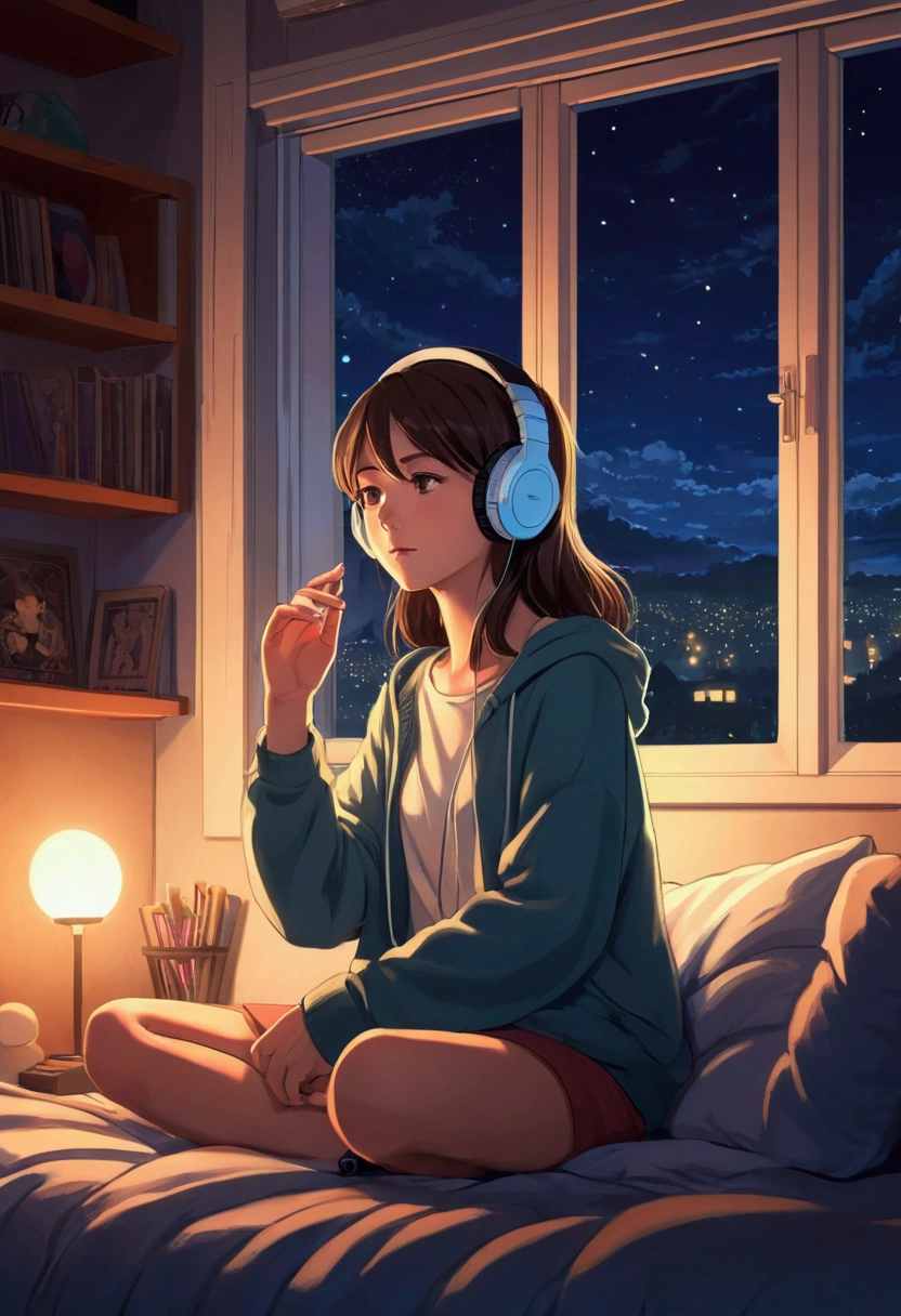 Girl listening to music in cozy room at night, Using headphones, 2D style anime, Low Fidelity, Very detailed, harddisk