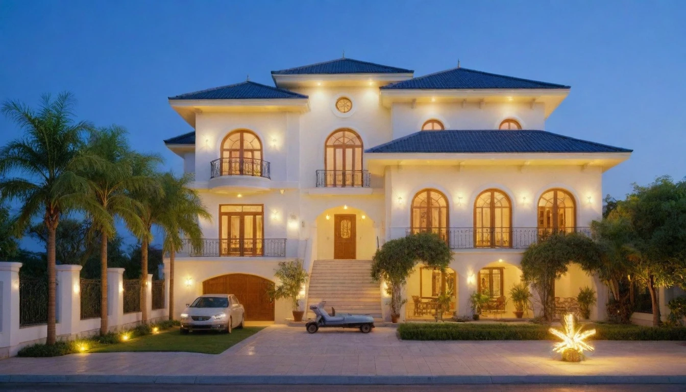 When design a MEDITERRANEAN EXTERIOR house, exterior design, (dark blue roof:1.1), (roof tile:1.2), (indochine style:1.1), ((Iron with artistic patterns detail:1.3) designed to make railings, windows),(xingfa door), (curved arch:1.35), (white wall), (nigh light:1.2), (night view:1.2),designed to make gates, railings, windows), The house bathed in natural nightlight and has warm LED lighting. Super sharp like photos taken with a professional camera, color block wall detail, (|color block materials| in neoclassic house), white color block neoclassic house (((volumetric light))), (outdoor ceiling spotlight:1.2), (Exterior night reverse lights:1.2), (|neoclassical cornice|), The focal point of the room the warm LED light with a color temperature of 3600k, |reverse lights| illuminate the columns around the house, night, 8k uhd, dslr, soft lighting, high quality, film grain, Fujifilm XT3 day, 8k uhd, dslr, soft lighting, high quality, film grain, Fujifilm XT3, The ambient lighting highlights the textures and details, creating a stock photo-like atmosphere, (((Best Quality))), ((Masterpiece)), ((best illustration)), ((best shadows)), ((Super Detail)), (Intricate lines), (Photorealism),(hyper detail), ((archdaily)), ((award winning design)), (dynamic light), ((day)), (perfect light), (shimering light), (hidden light), ((photorealistic)), ((FKAA, TXAA, RTX, SSAO)), ((Post Processing)), ((Post-Production)), ((CGI, VFX, SFX)), ((Full color)) ,((Unreal Engine 5)), ((intricate detail)), ((extreme detail)), ((science)), ((hyper-detail)), ((super detail)), ((super realistic)), ((crazy detail)), ((octane render)), ((Cinematic)), ((trending on artstation)), ((High-fidelity)), ((Viwvid)), ((Crisp)), ((Bright)), ((Stunning)), ((Eye-catching)), ((High-quality)),((Sharp))((Bright)), ((Stunning)), Natural, ((Eye-catching)), ((Illuminating)), ((Flawless)), ((High-quality)),((Sharp edge render)), ((medium soft lighting)), ((photographic render)), ((detailed archviz))