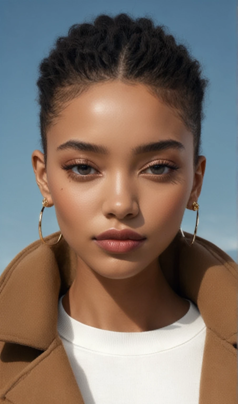 A woman in a coat and earrings poses for a photograph., Portrait Sophie Mudd, bella poarch, sauce smith portrait, Beautiful and realistic faces, Retrato Willow Smith, extremely beautiful face, clear skin tone, perfect face, Accurate ultra-realistic faces, perfectly illuminated face, with brown skin, hyperrealistic faces, Ultra realistic faces, clear skin