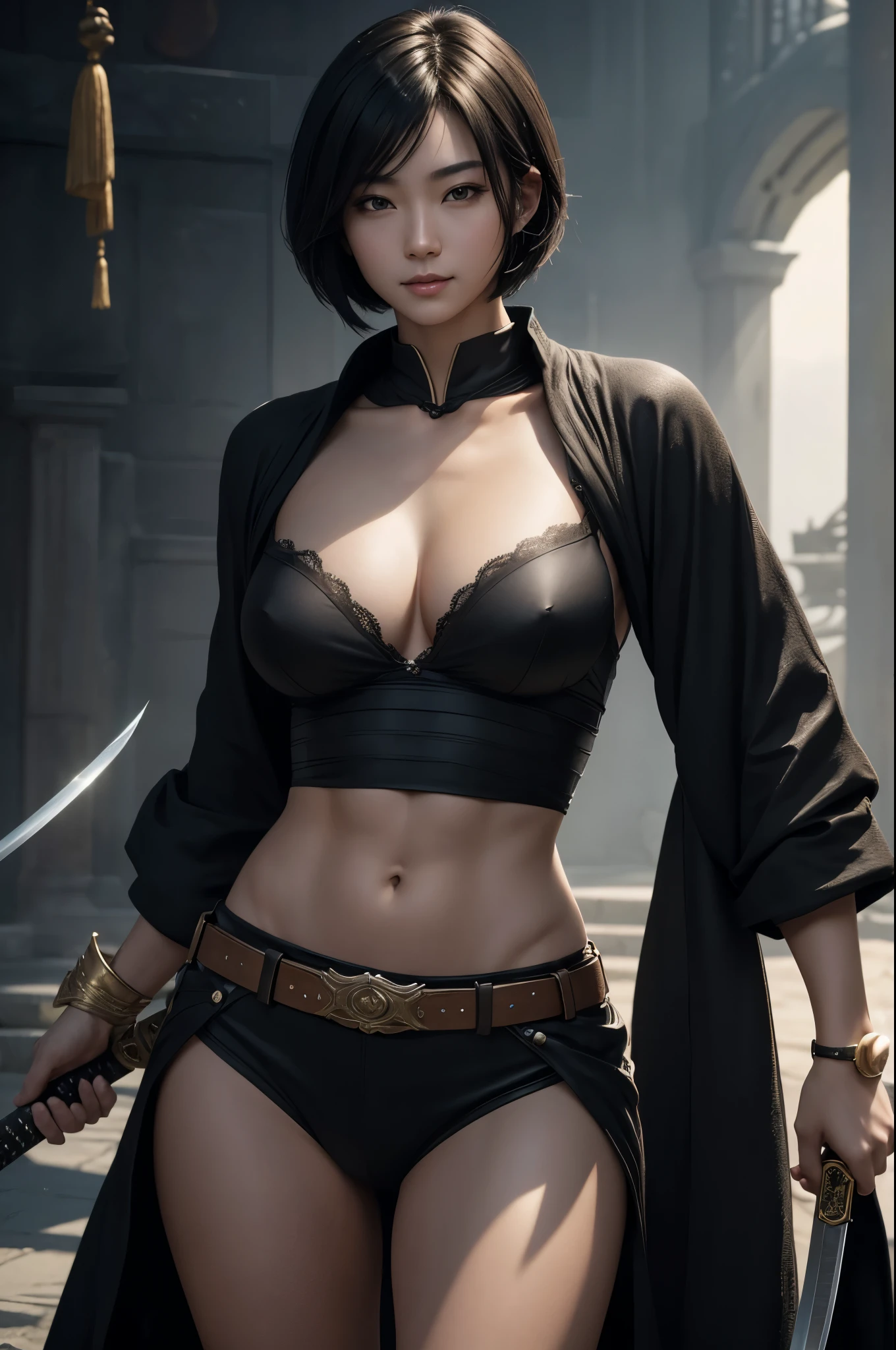 8k、alone、16 year old big breasted beauty,Super Beauty(Like the real thing),Iris,super beautiful ager,Black short bob hair,黒と赤のSexy Exterior,Black trousers,Golden decoration,長くて大きなJapanese sword,Demon Slayer: Androgynous Beauty,A wonderful work of art、Wind effects:1.9、Cloud Effect:1.2、Full Rendering,Unreal Engine、Japanese sword 1本,Cool beauty,Ultra-high resolution,super 超Realistic Skin,Ultra-precise hand-crafted detailing,1Japanese sword,smile,Photorealistic RAW photos of the highest quality。Backlight, Cinema Lighting, Film Grain, 50mm lens, Nikon D850,Realistic Skin,Fantasy art,Character Art,Ultra-high resolution,Muscular and slim body,Muscular and lean lower body,Precise facial details,What's left behind,Perfect hands,Cool sexy beauty,landscape,A lot of thick red smoke(largely),Ultra-realistic smoke,Extremely ripped abs,Muscular Beauty,Very large breasts,Sexy Exterior,Wide open chest,Body balance,smile,Makeup,Accentuate your cleavage,Dynamic fighting pose,