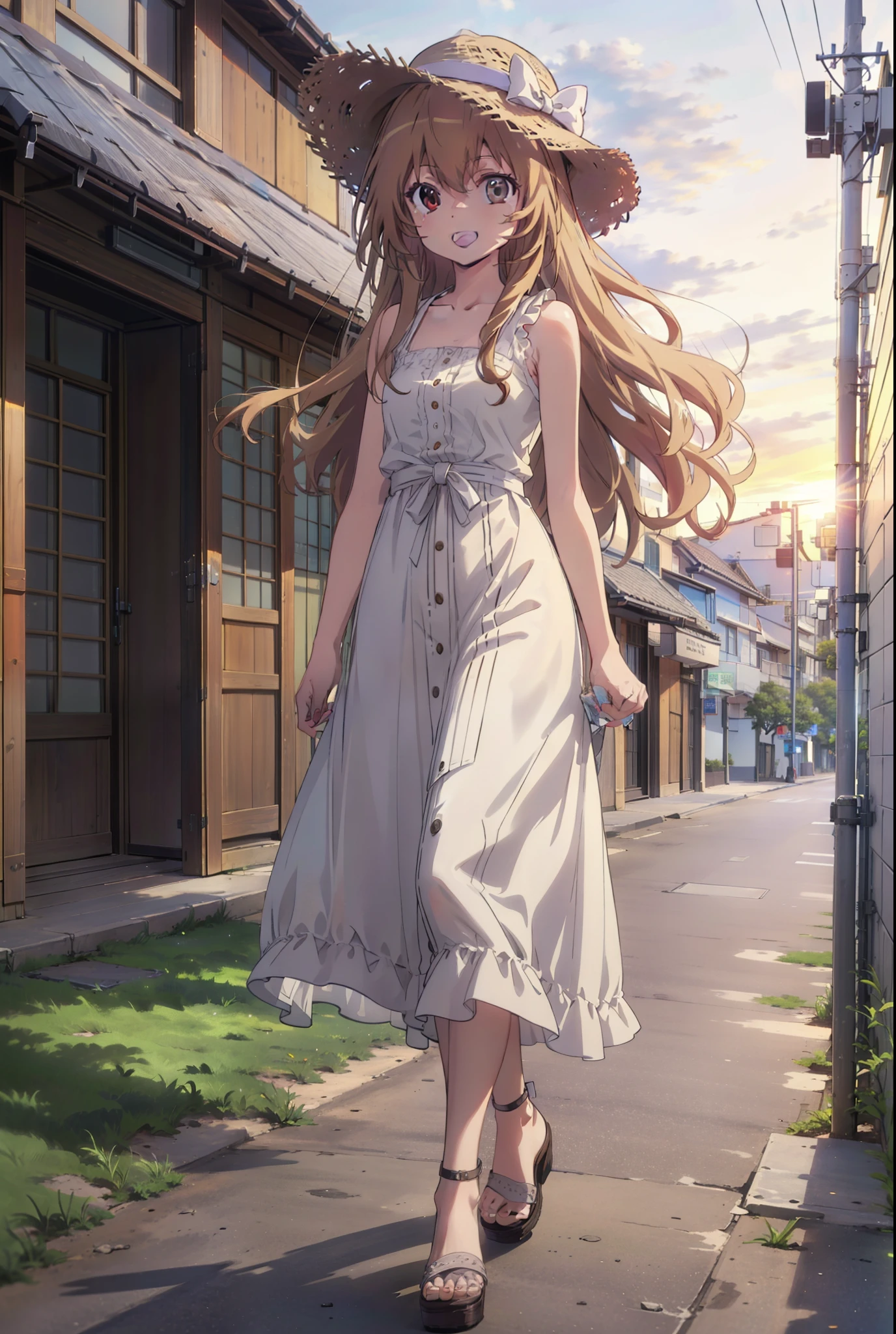 Aisaka Taiga, Aisaka Taiga, Long Hair, Brown Hair, Brown eyes,happy smile,smile, Open your mouth,Straw hat,White sleeveless dress,Long skirt,Heeled Sandals,evening,sunset,The sun is setting,whole bodyがイラストに入るように,Walking,　　　　　　　　　　　　  　　　　　break looking at viewer, whole body,　　　　　
break outdoors,Coastal Road,In town,
break (masterpiece:1.2), Highest quality, High resolution, unity 8k wallpaper, (shape:0.8), (Beautiful attention to detail:1.6), Highly detailed face, Perfect lighting, Extremely detailed CG, (Perfect hands, Perfect Anatomy),