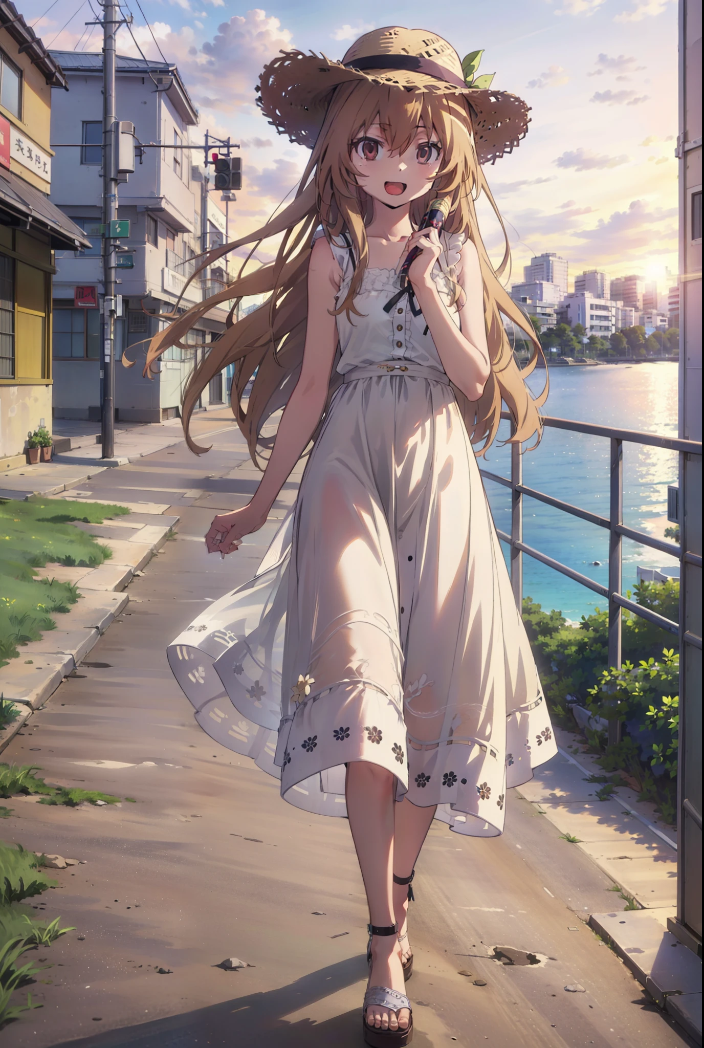 Aisaka Taiga, Aisaka Taiga, Long Hair, Brown Hair, Brown eyes,happy smile,smile, Open your mouth,Straw hat,White sleeveless dress,Long skirt,Heeled Sandals,evening,sunset,The sun is setting,whole bodyがイラストに入るように,Walking,　　　　　　　　　　　　  　　　　　break looking at viewer, whole body,　　　　　
break outdoors,Coastal Road,In town,
break (masterpiece:1.2), Highest quality, High resolution, unity 8k wallpaper, (shape:0.8), (Beautiful attention to detail:1.6), Highly detailed face, Perfect lighting, Extremely detailed CG, (Perfect hands, Perfect Anatomy),