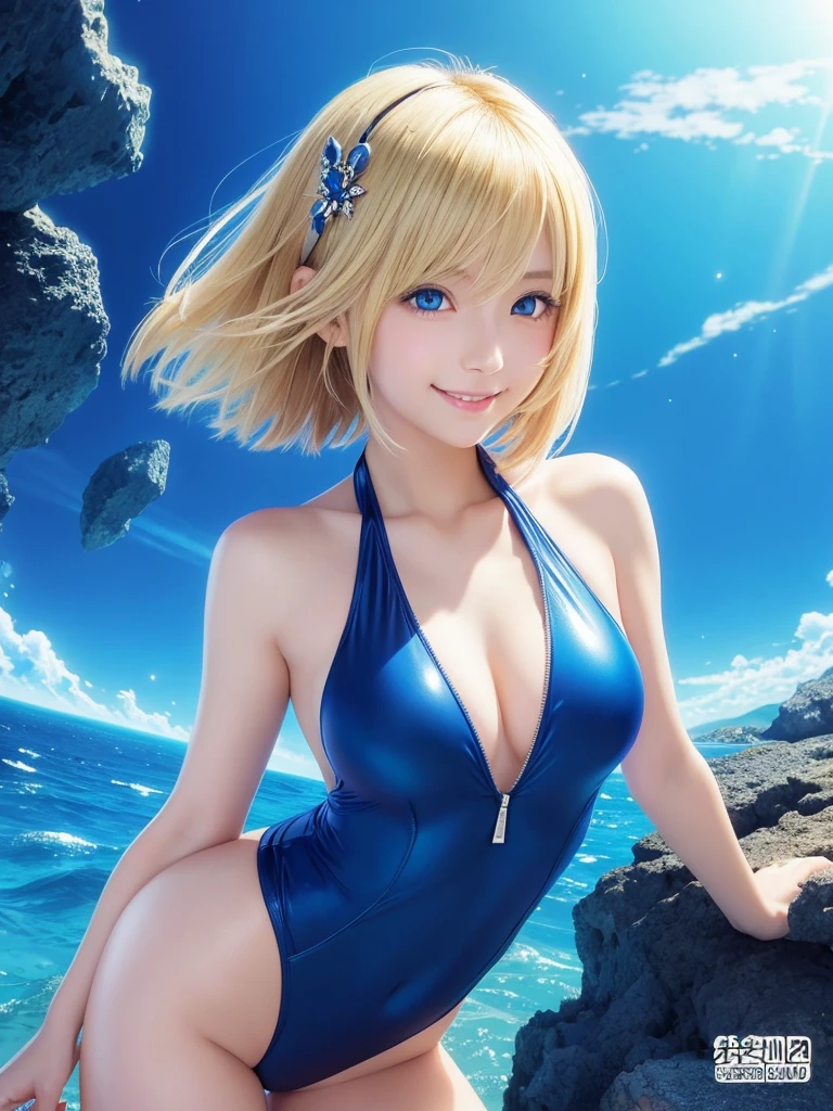 Japanese Anime style, super fine illustration, highly detailed, dynamic angle, beautiful detailed, pretty & charming anime girl with blonde straight short hair & blue eyes & a smile wears a swimsuit & accessories of black & blue future digital devices, blue lights, the huge planet is horizon.