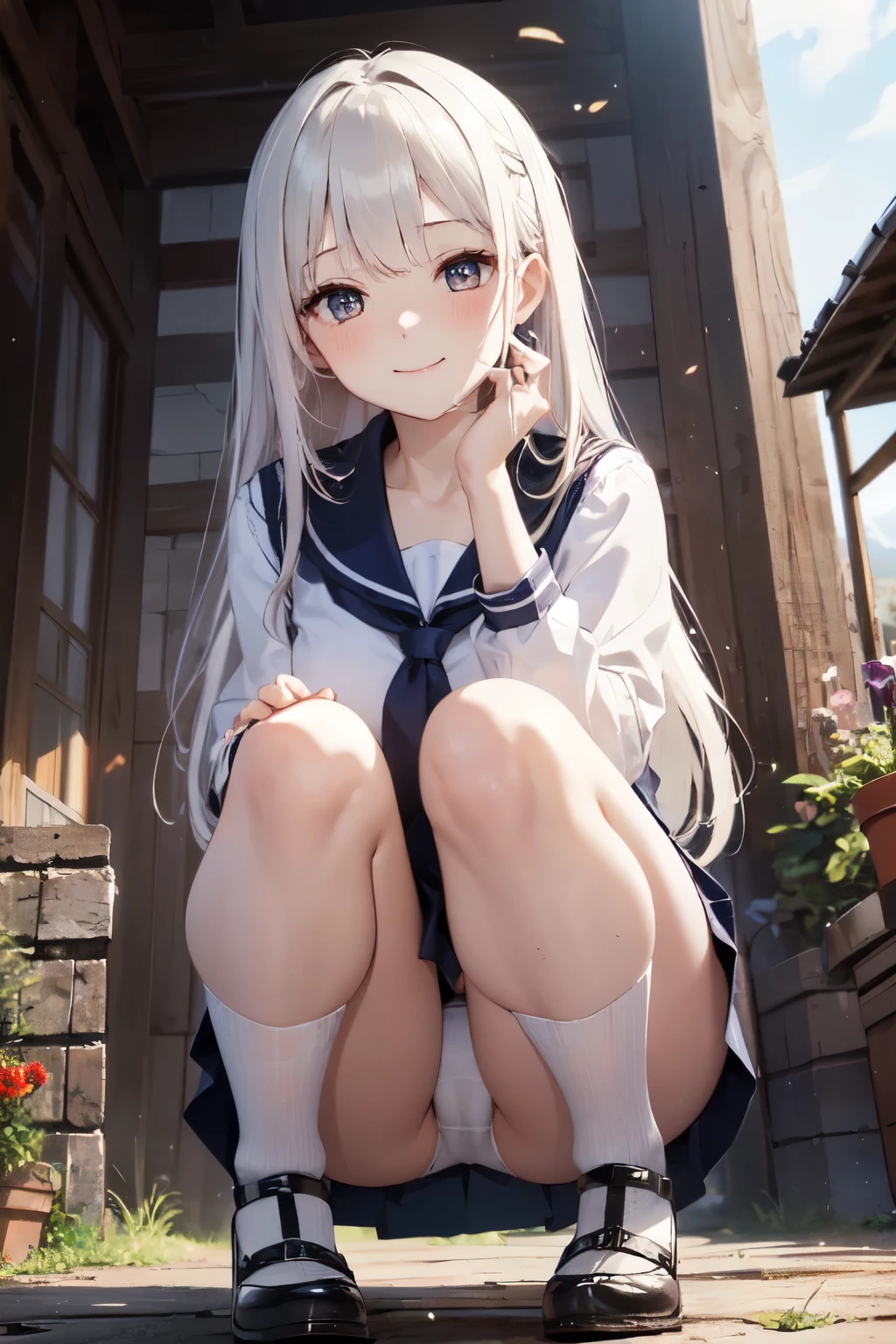 very cute and beautiful girl,(Very detailed美しい顔), (smile),blush,Black Hair,Seraphim,((White Hair、long hair)),(White Shirt、Pleated navy blue pread your legs、Squat)、Sitting、(From below)、(Lace panties), Country road, (Highest quality,masterpiece:1.0),Absurd,High resolution,Super detailed,Very detailed,32K,8k resolution, Intricate details,Movie Scenes,Detailed Background,alone,Dynamic Angle,