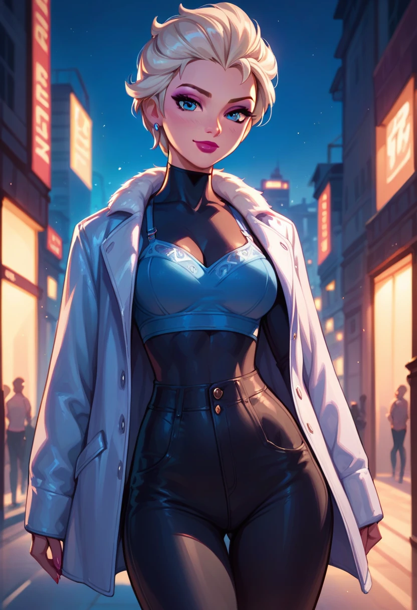 score_9, score_8_up, score_7_up, score_6_up, elsa, short hair, blue bra, black skin tight trousers with pockets, cowboy shot, cinematic lighting,, looking at viewer, city background