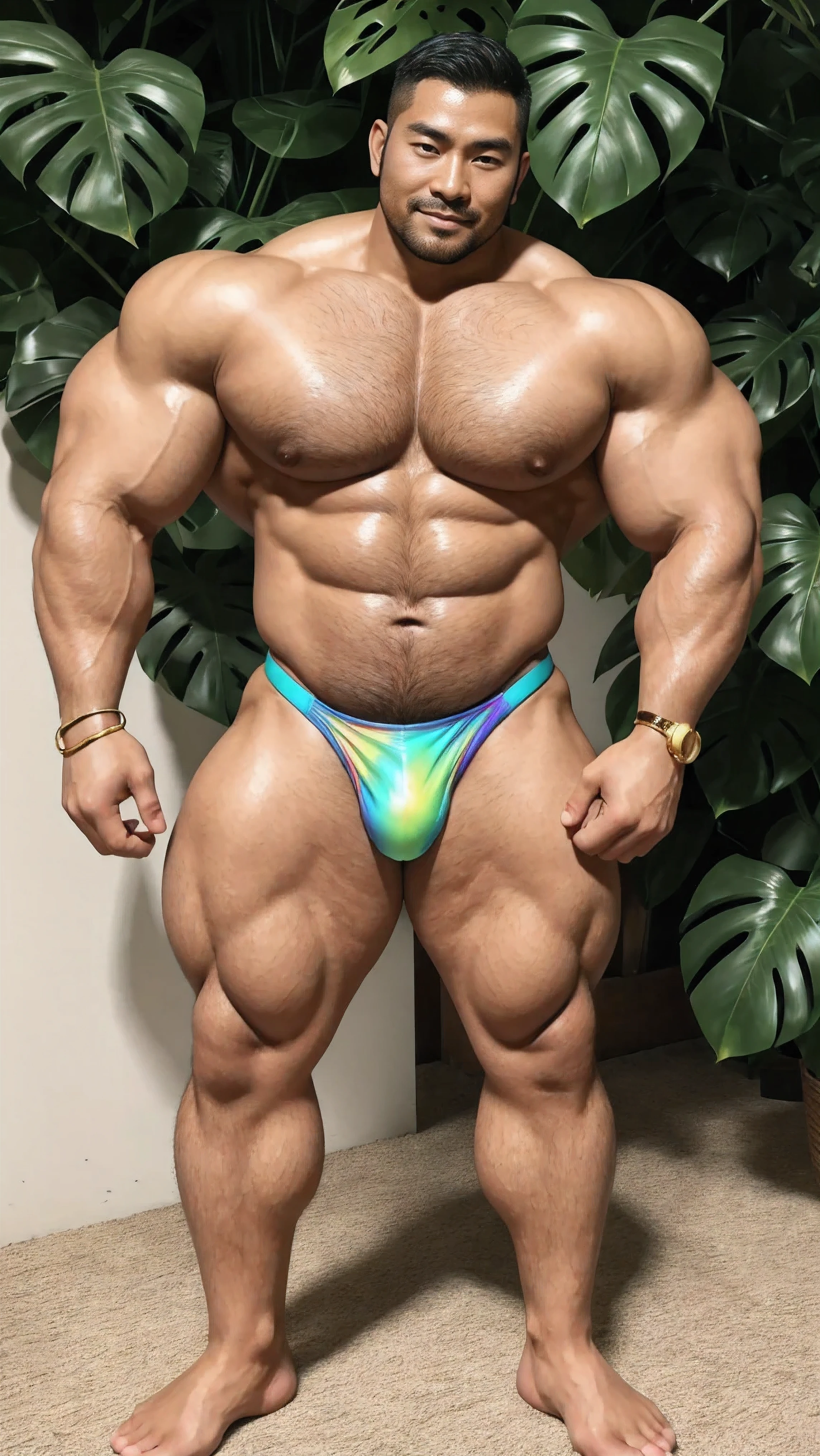 There is only one handsome Chinese man in the photo，35 years old，tall, Fitness，Smooth body，Smooth skin，No chest hair，short hair, O-Shaped Beard，Perfect body, Dark skin color，Radiant Skin，Smooth skin，Shiny, shiny skin，Smooth pectoral muscles，Muscle bulge, muscular, Very large pectoral muscles，Very sexy abdominal muscles，Very well-developed leg muscles，Huge concave and convex area，Brightens oily skin，Wear a fluorescent rainbow leather thong，Handsome face，Normal human toes，Correct and accurate male body proportions，Gold bracelet，Gold anklets，Standing in front of Monstera leaves。
