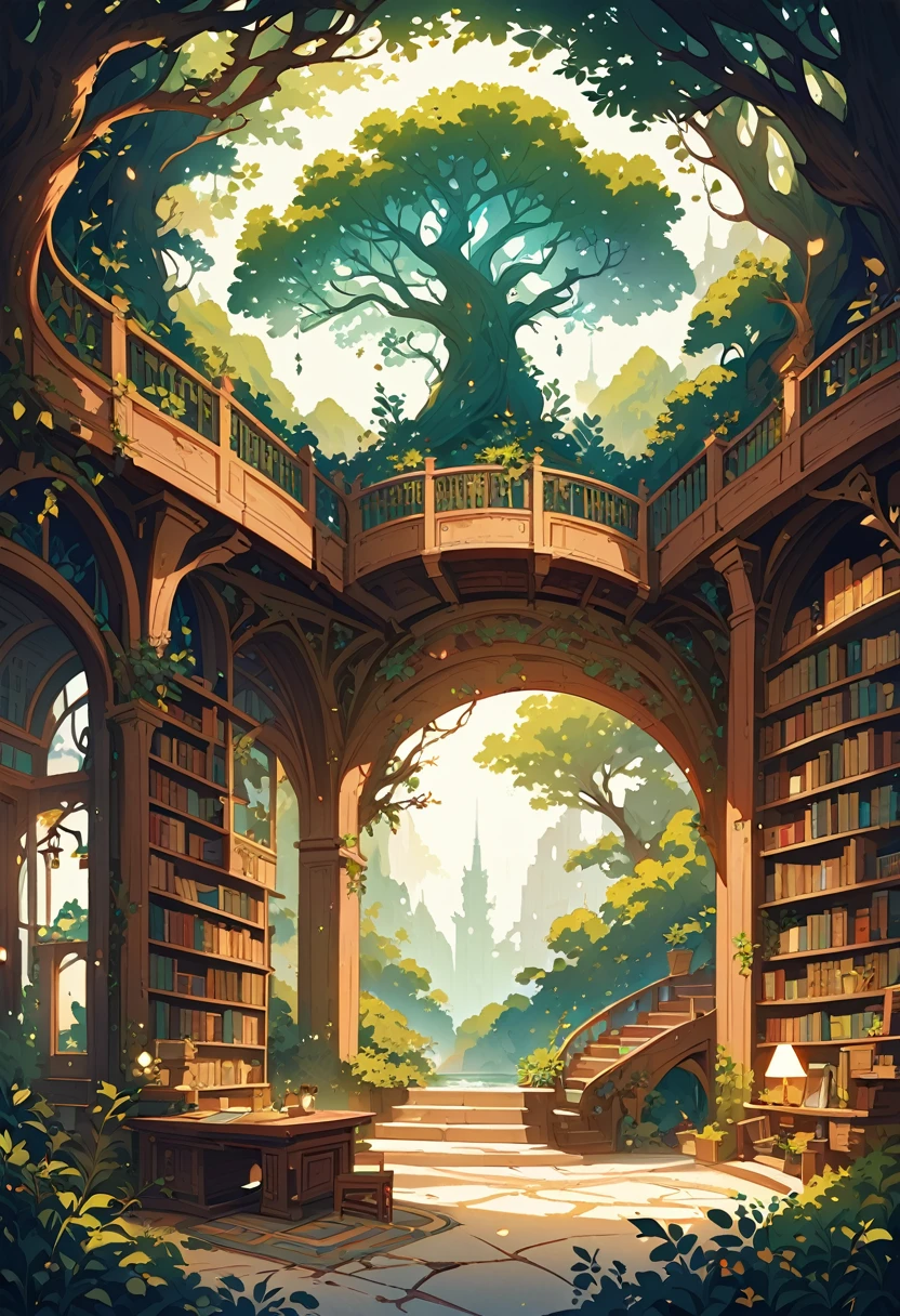 Hand-drawn illustration of an enchanting, multi-level library integrated with nature, inspired by the House of Wind from 'A Court of Thorns and Roses.' The library is nestled within a towering tree with branches and trunks forming natural bookshelves. Winding wooden staircases and bridges connect the various levels, creating a labyrinthine structure. The architecture combines gothic and natural elements, with arched ceilings and intricate carvings blending seamlessly with the living tree. Shelves filled with countless books stretch from floor to ceiling, illuminated by soft, magical lights and glowing candles placed throughout, enhancing the serene and calming atmosphere.

Priestesses in flowing robes are seen working diligently, cataloging books and studying at rustic wooden tables. Cozy reading nooks and private alcoves are scattered throughout, offering intimate spaces for reflection. Large windows let in natural light, showcasing a stunning view of the surrounding forest, further enhancing the sense of tranquility and connection with nature.

A small pond with a stone path crossing it lies at the base, adding to the mystical and peaceful ambiance. The entire scene exudes a sense of peace, healing, and ancient wisdom, with a magical aura protecting the sacred space.