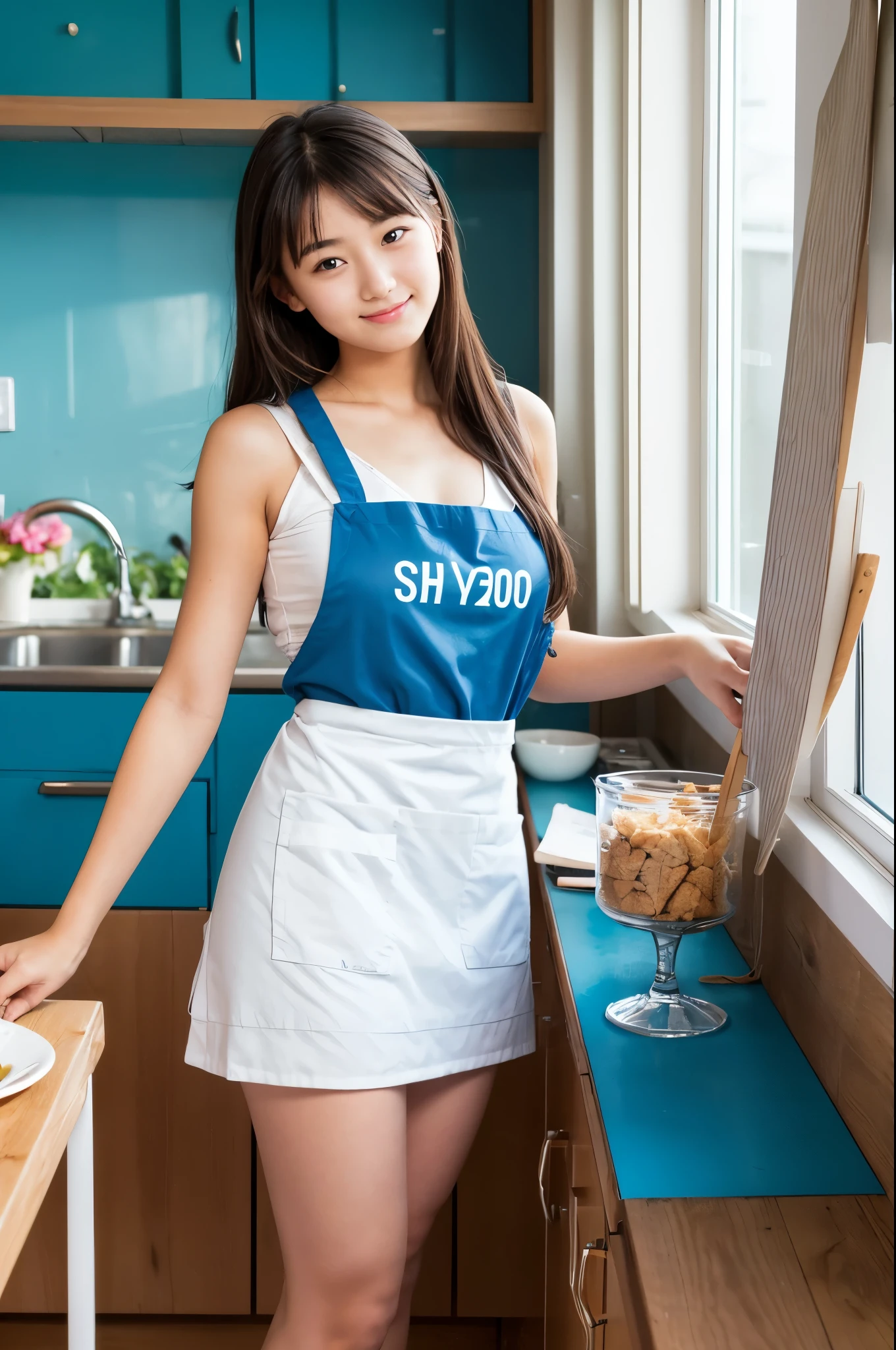 A girl (20 years old) wearing an apron and a super miniskirt and working at a sunny beach house