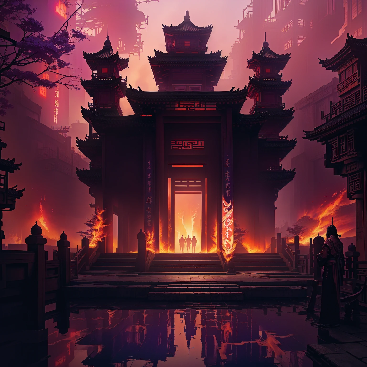 purple and red digital painting of a gate with a fire in the middle, andreas rocha style, cyberpunk chinese ancient castle, cyberpunk japanese temple, inspired by Andreas Rocha, the style of andreas rocha, arstation and beeple highly, cyberpunk temple, an ancient city on fire, mysterious temple setting, dan mumford. 8 k octane render
