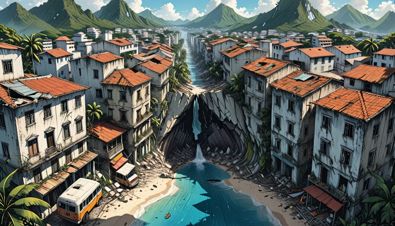 view from an airplane, splitting of the earth, earthquake, huge deep long dark crack in the middle of a tropical island, tropics,
destroyed white buildings, cracks, split,graphic style of novel comics, 2d, 8k, hyperrealism, masterpiece, high resolution, best quality, ultra-detailed, super realistic, Hyperrealistic art, high-quality, ultra high res, highest detailed, lot of details, Extremely high-resolution details, incredibly lifelike, colourful, soft cinematic light,
