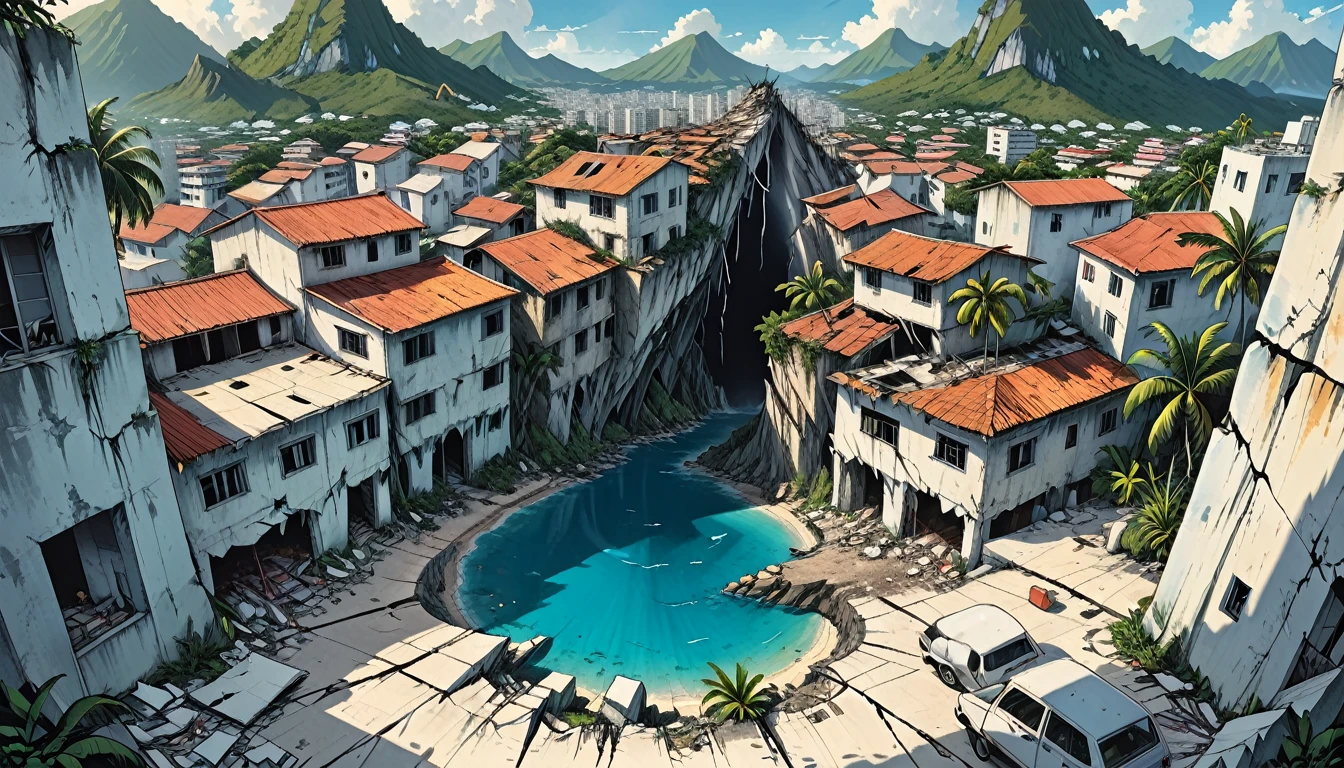 view from an airplane, splitting of the earth, earthquake, huge deep long dark crack in the middle of a tropical island, tropics, 
 destroyed white buildings, cracks, split,graphic style of novel comics, 2d, 8k, hyperrealism, masterpiece, high resolution, best quality, ultra-detailed, super realistic, Hyperrealistic art, high-quality, ultra high res, highest detailed, lot of details, Extremely high-resolution details, incredibly lifelike, colourful, soft cinematic light,